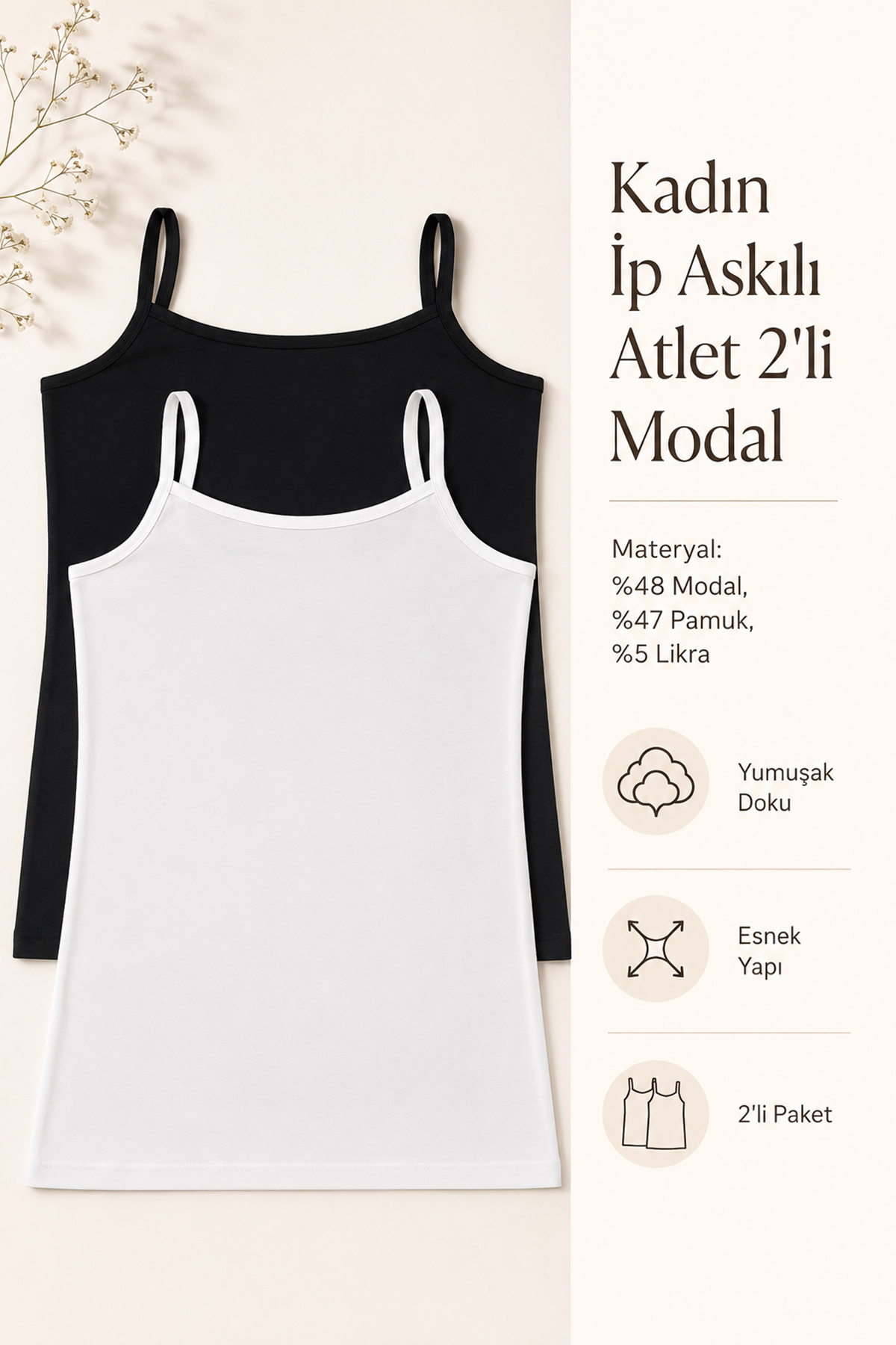 Nicoletta Kadın Atlet İp Askılı 2 li Paket Siyah-Beyaz Modal