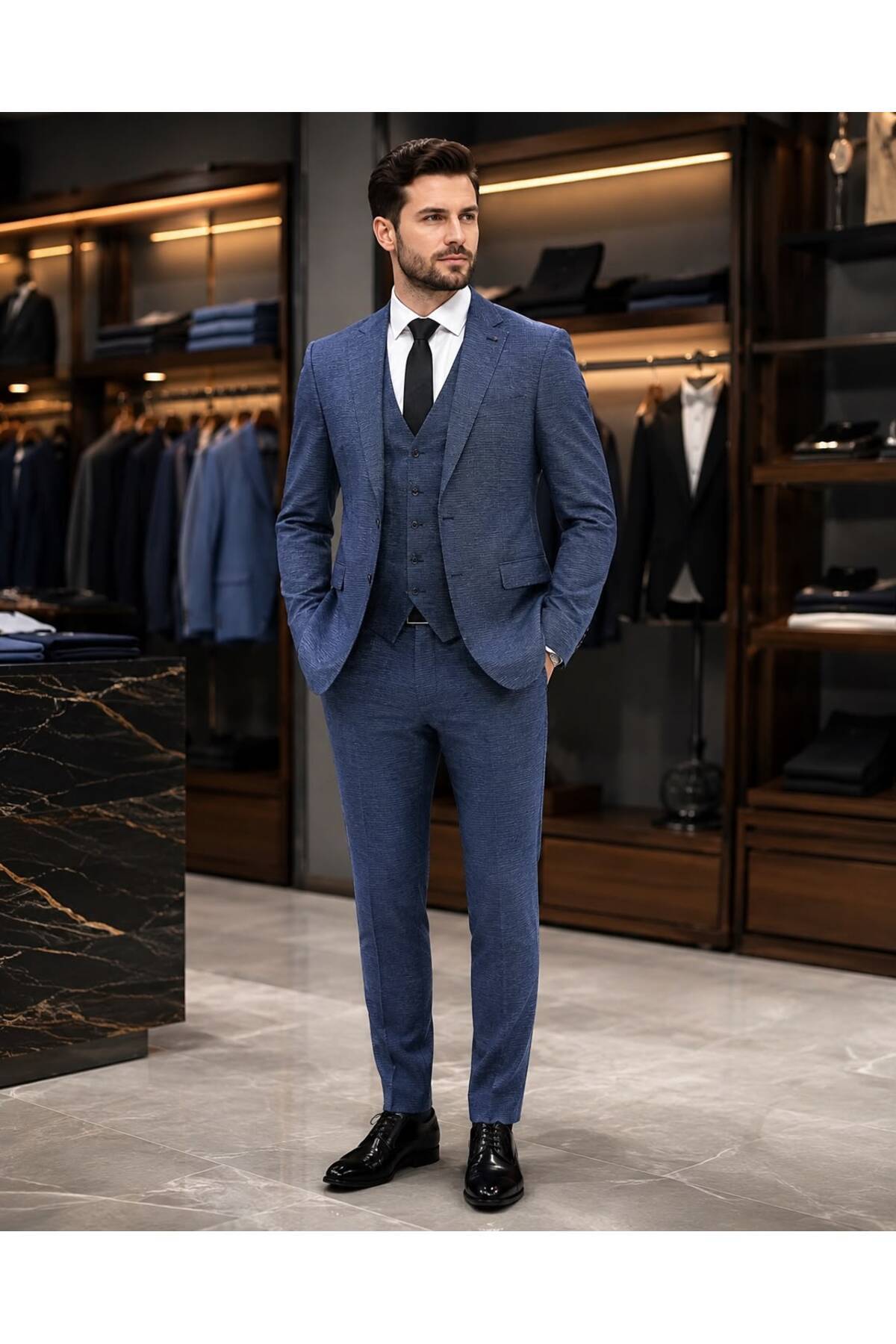 ŞIK ADAM İndigo Mavi Kırçıllı Slim Yelekli Takım Elbise