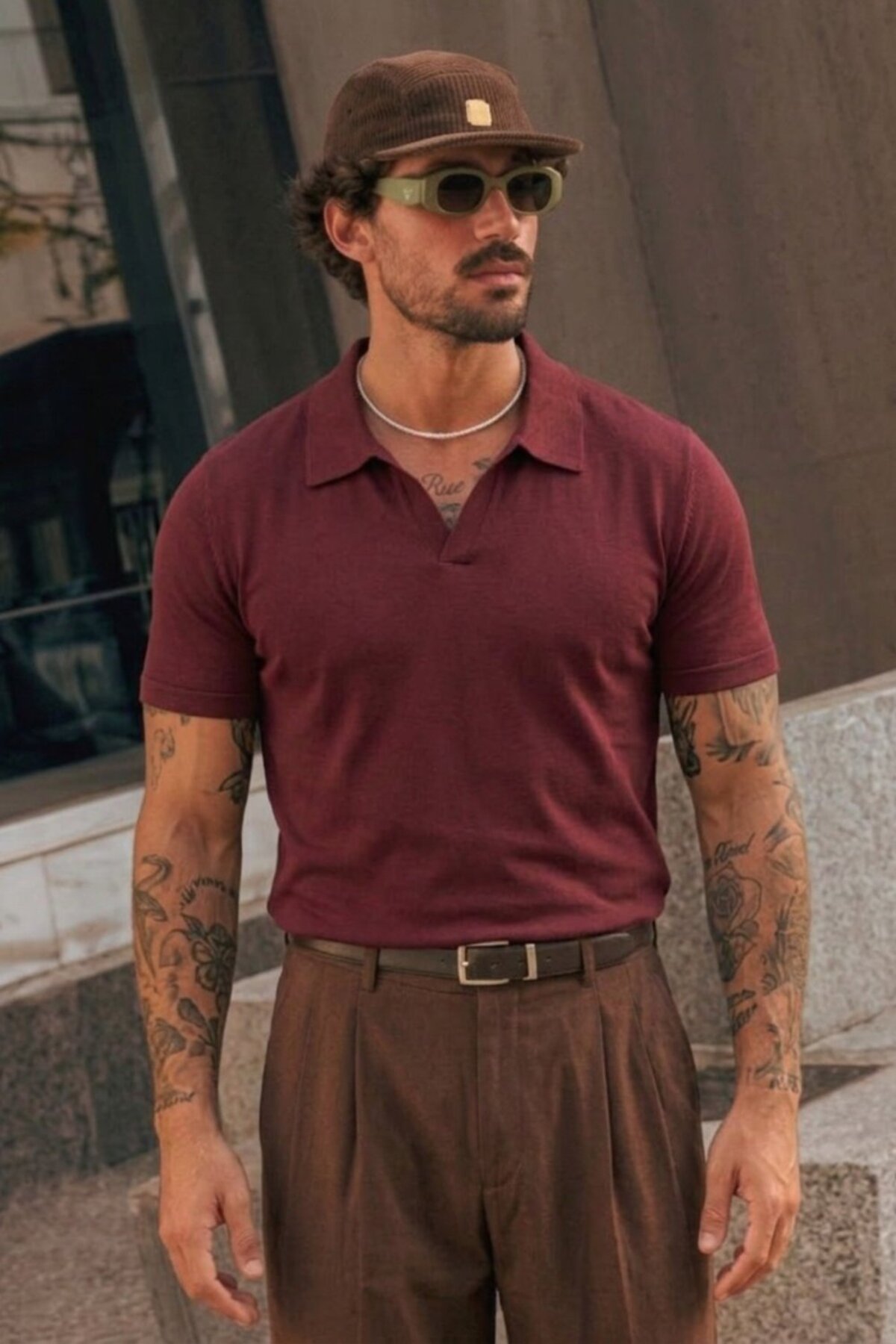 COMBİNE MİCHAİL Men's Polo Collar 100% Cotton Basic Claret Red T-Shirt