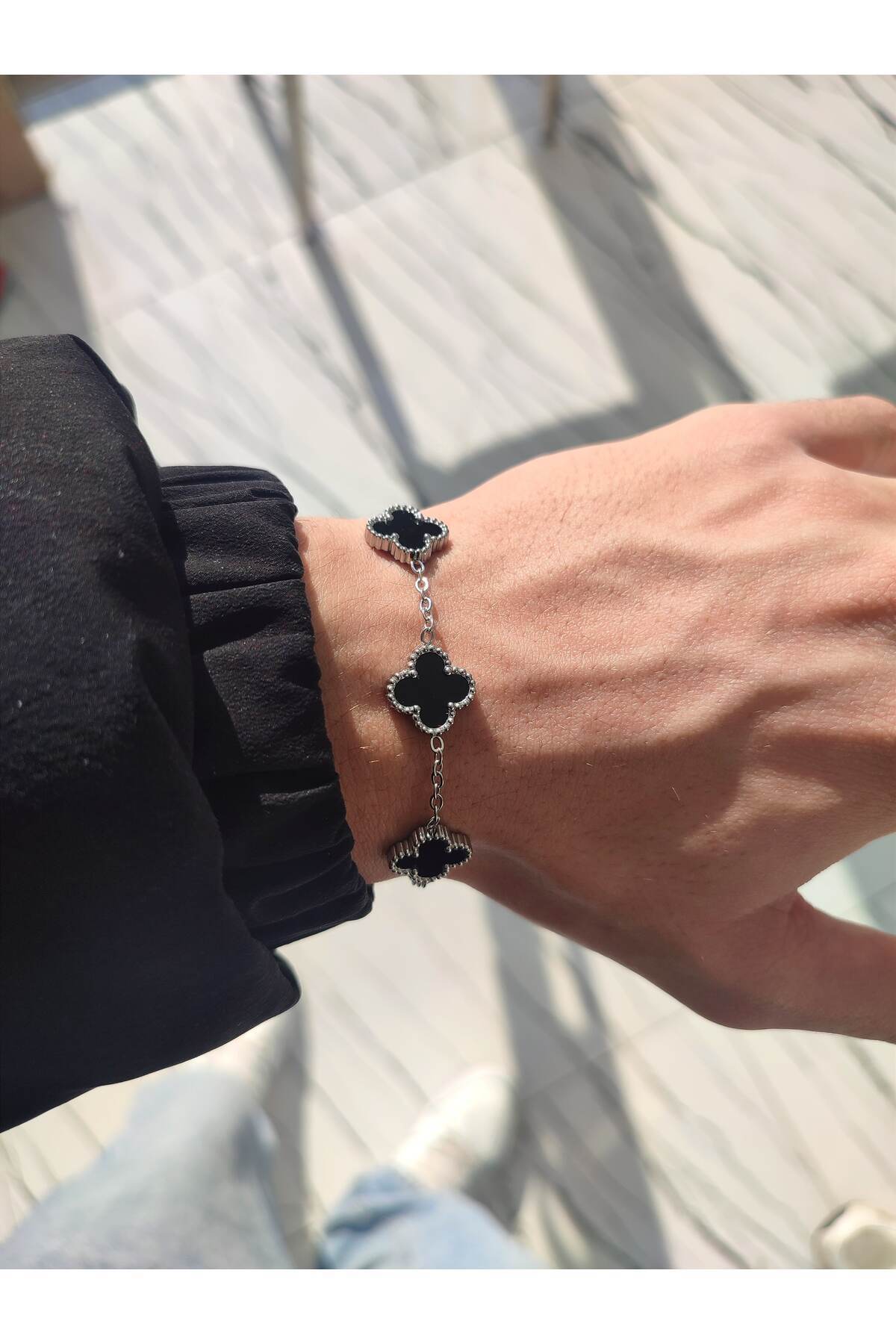 GUNESTAKI Unisex Paslanmaz Çelik Gümüş Sıralı Yonca Model Bileklik