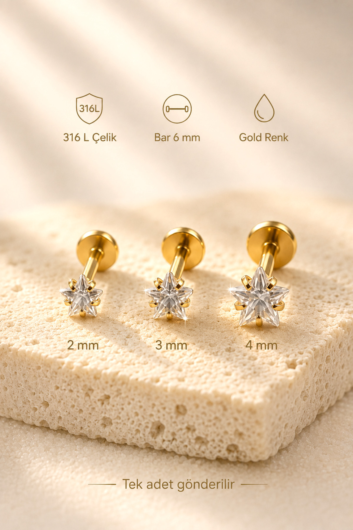 moonzy - minimalist & cozy 316L Çelik Yıldız Taşlı Labret Piercing 6 mm, Zirkon Tektaş Helix Tragus Küpe görsel 3