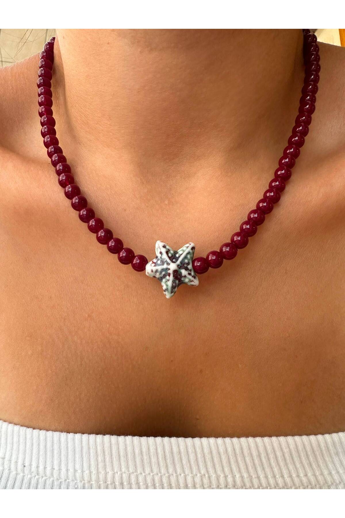 Siyah Deniz Yıldızı Charm Bordo Boncuk Kadın Kolye Yazlık - Detay Görseli 1