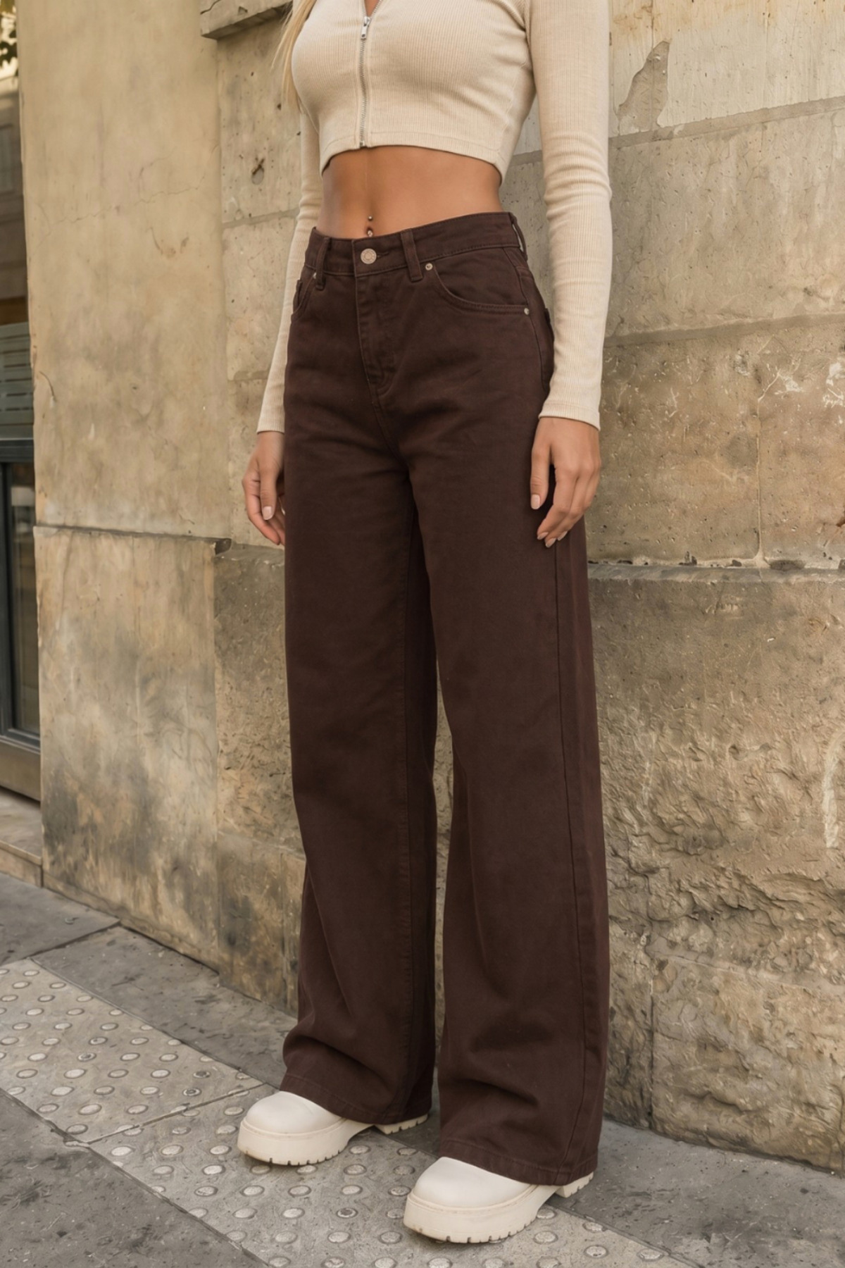 BİKELİFE Kahverengi Yüksek Bel Wide Leg Bol Paça Palazzo Kot Pantolon görsel 2