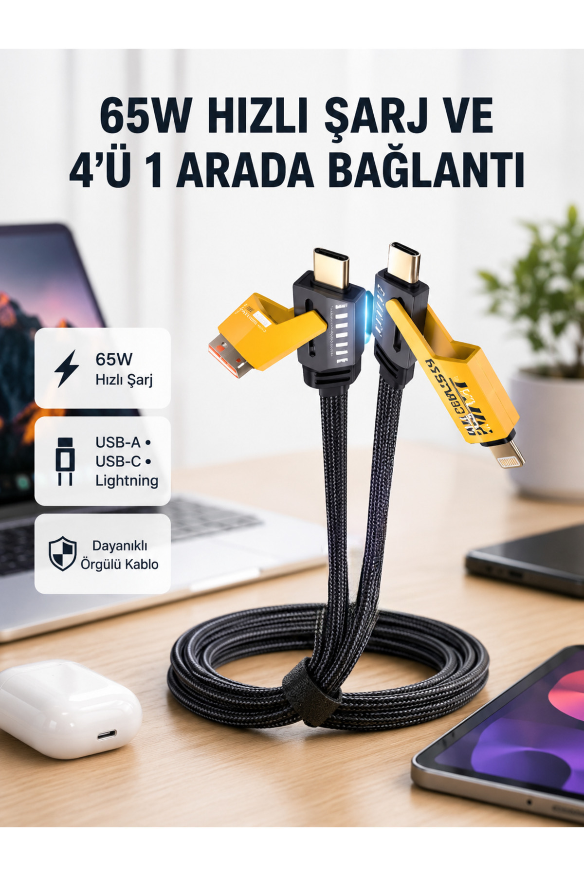 markentegra USB-C USB-A 4’ü 1 Arada Örgülü Kablo 65W Hızlı Şarj Metal Uç Dayanıklı