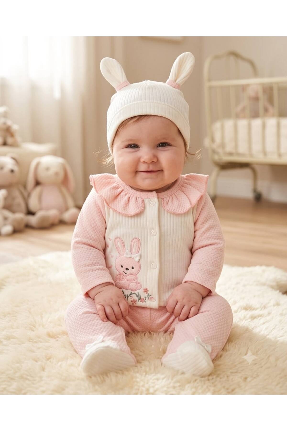 EDM Kidss 100% Cotton Rabbit Embroidery Patterned Ruffle Collar Booties 3-Piece Baby Set & Hat Set