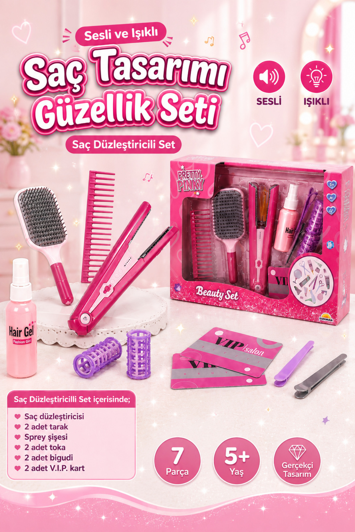 Beautiful Skin 3点セット kosetoys Kız Oyuncak Saç Tasarım ve Güzellik Seti Sesli Ve Işıklı