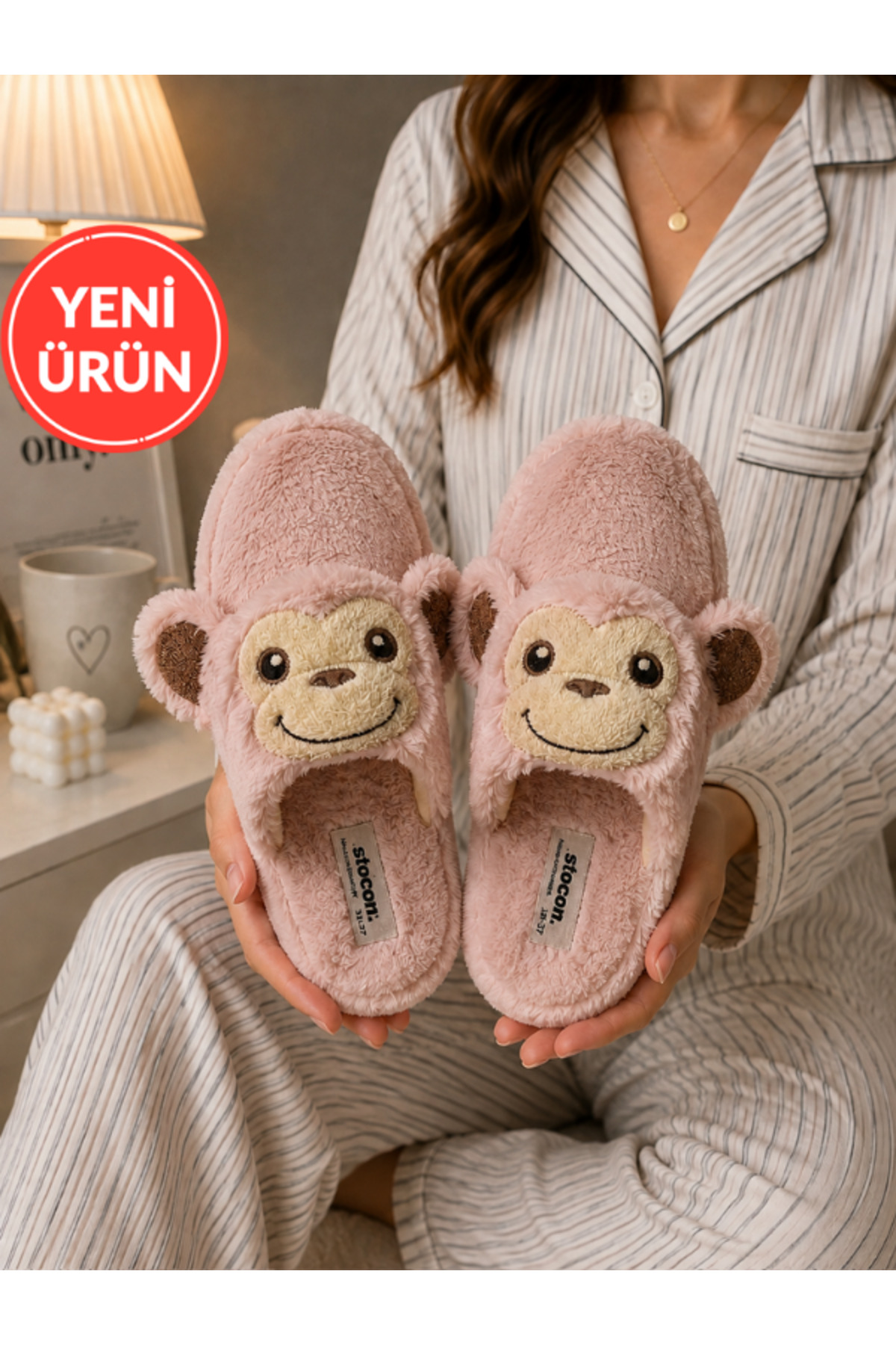 STOCON Sevimli Maymun Figürlü Peluş Ev Terliği Yumuşak Tabanlı Kışlık Ev Terliği Çeyiz Terlik STC1325