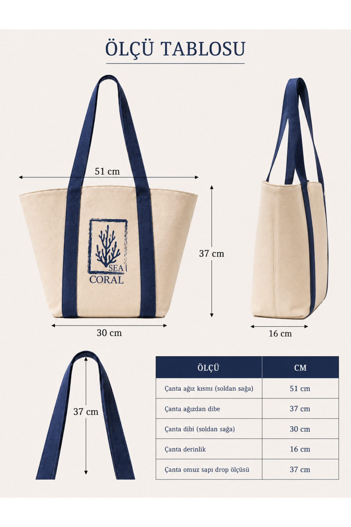 ICONE BAG Kanvas Plaj Çantası, Lacivert Kolon Saplı Plaj Çantası, Ham Kanvas Çanta, Laci Baskılı Plaj Çantası görsel 7