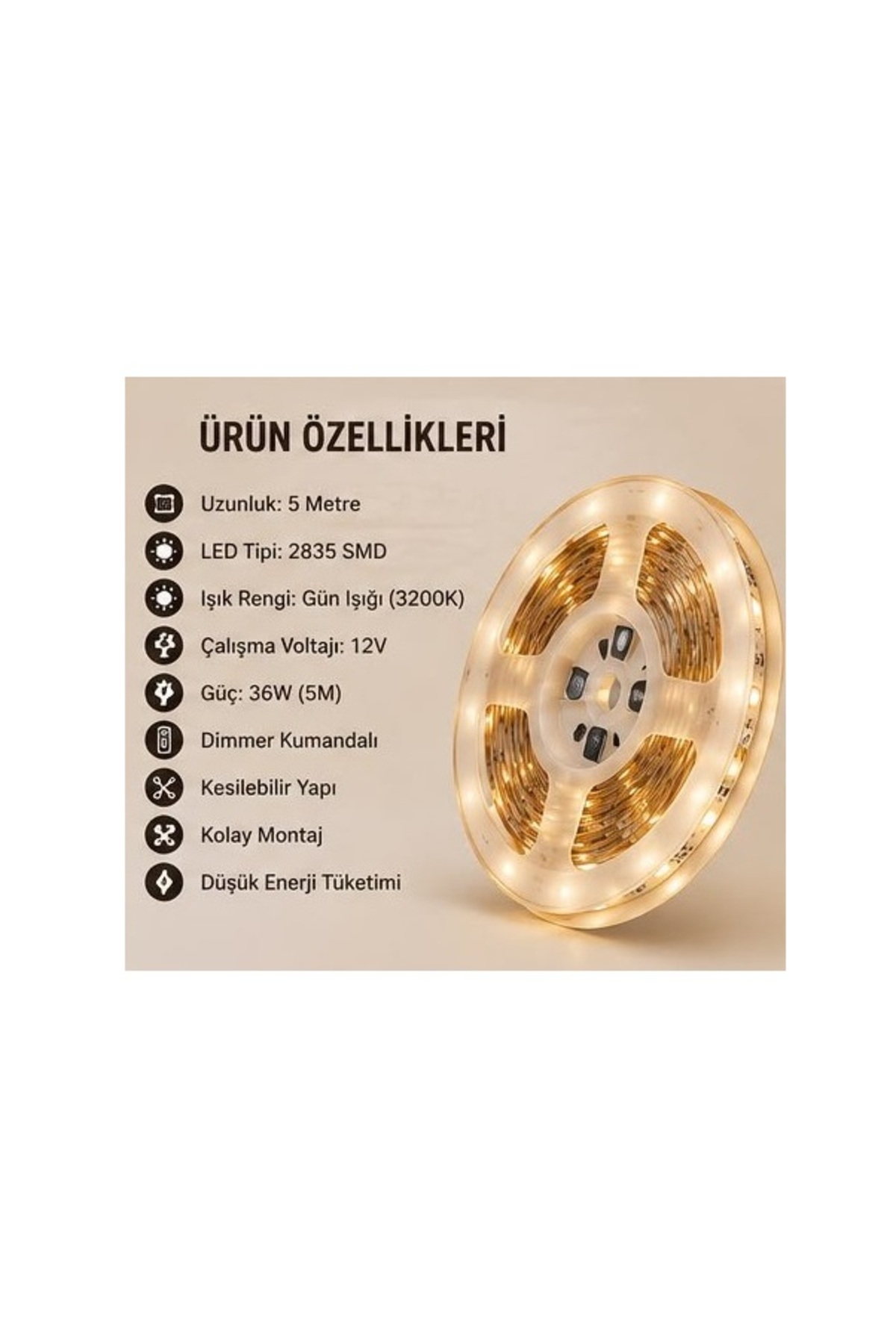 ÖZER LİGHT 5 metre Kumandalı Gün Işığı(3000k) Şerit led ışık seti