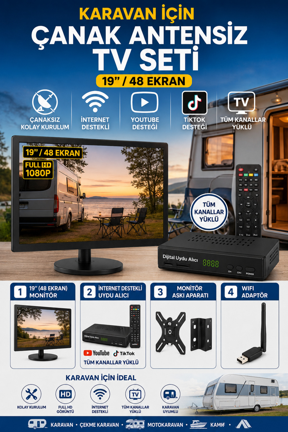 Poke Karavan İçin Çanaksız TV Seti 19'' 48 Ekran Full HD 1080P İnternet Destekli Uydu Alıcılı WiFi YouTube TikTok Tüm Kanallar Yüklü Televizyon