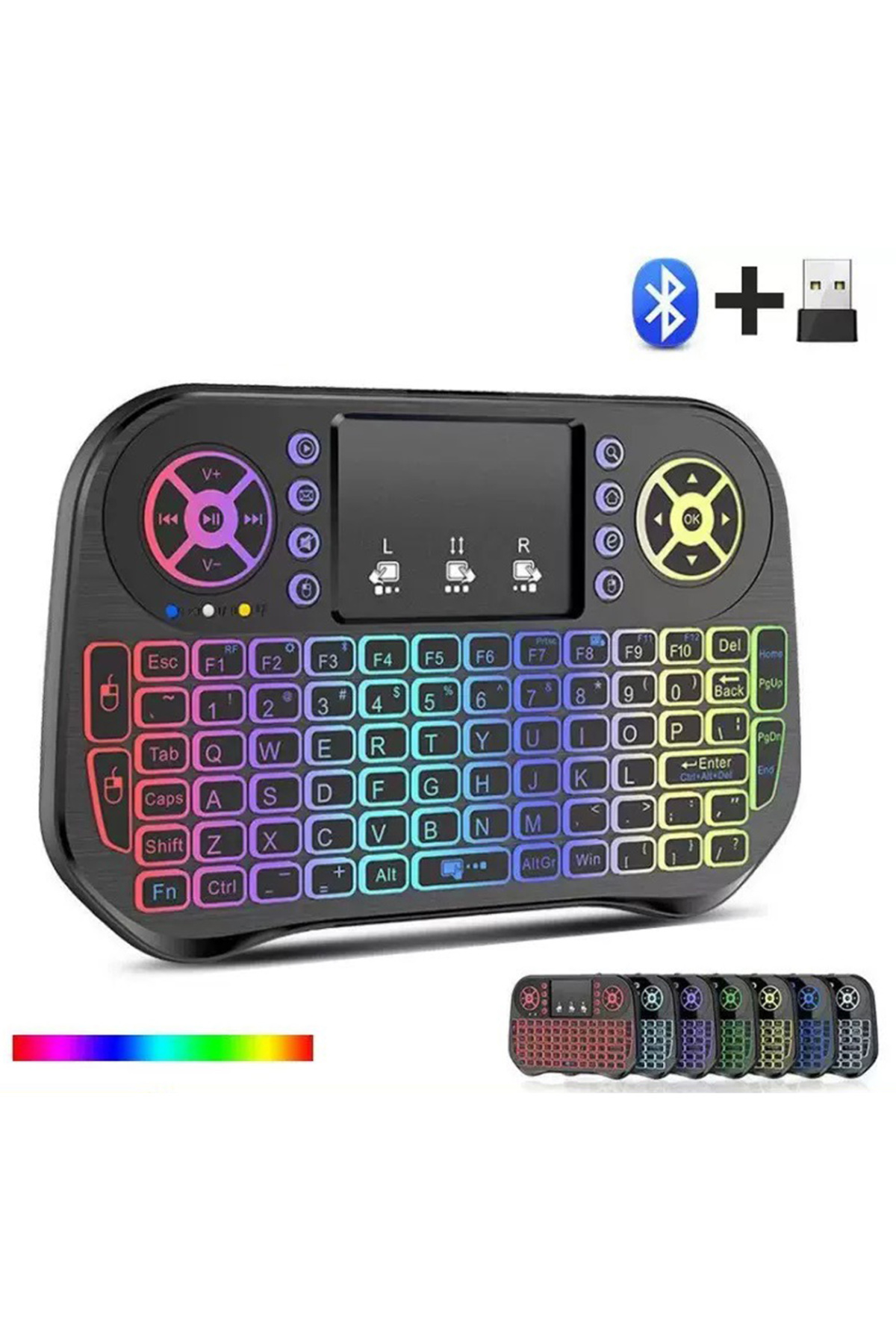 wiks RGB Aydınlatmalı Mini Kablosuz Klavye, Bluetooth + USB Alıcılı Touchpadli Akıllı TV Klavyesi