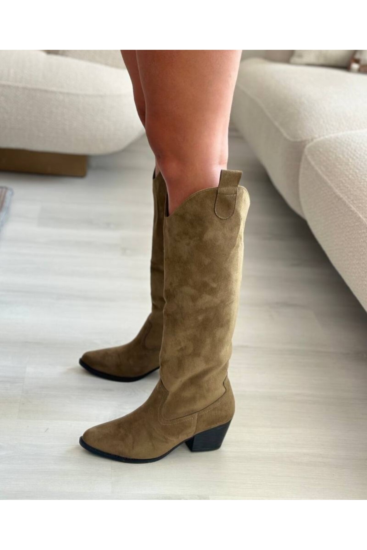 SHOEBOURNE Haki Süet Western Tarzı Dizaltı Uzun Kadın Çizme görsel 4
