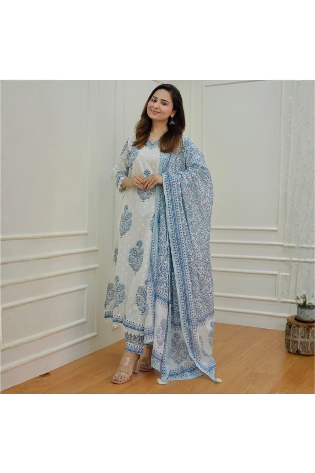 MYSMAR White Cotton Salwar Kameez Dupatta - ALV1007 | White-Size:2XL-44-Inches