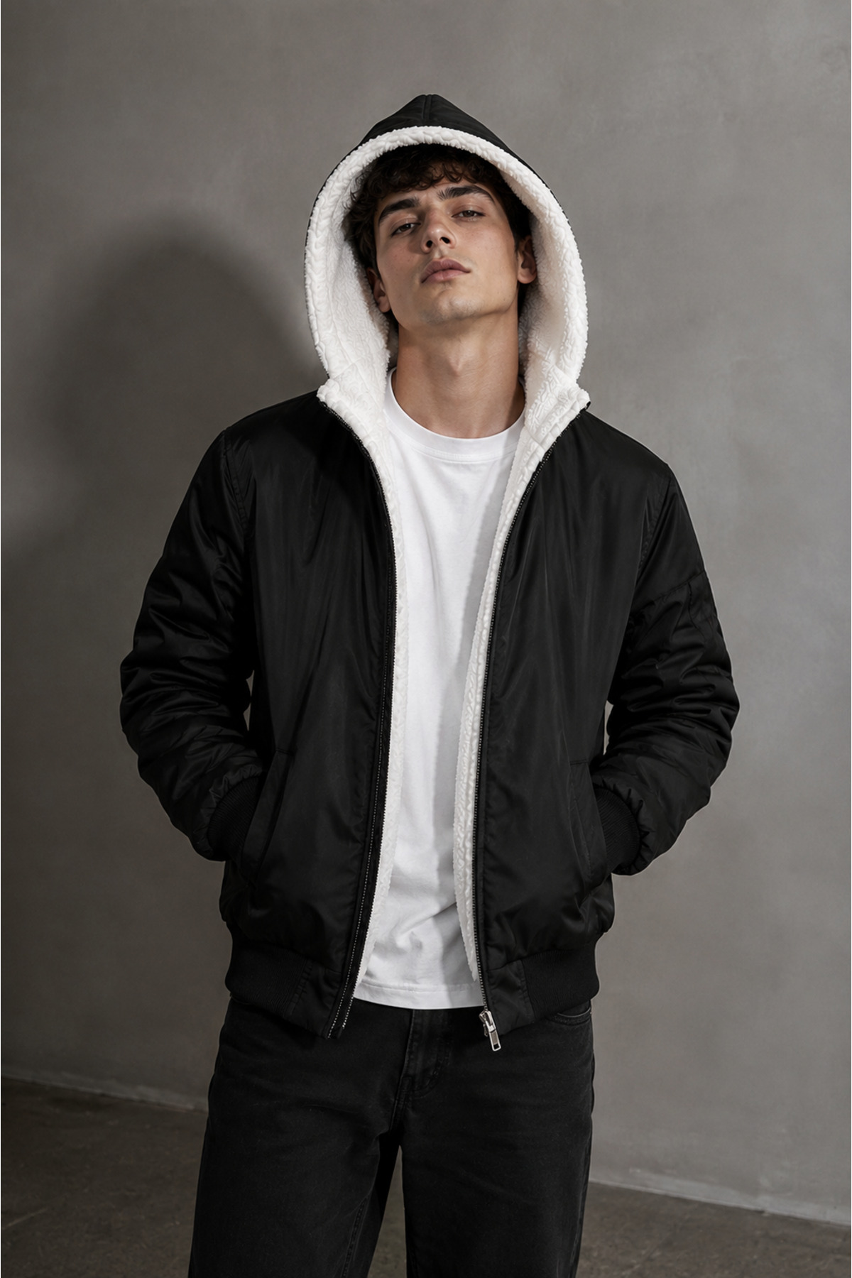 Unisex Siyah İçi Peluşlu Çift Taraflı Oversize Bomber Ceket Çift Cepli Kolej Ceket