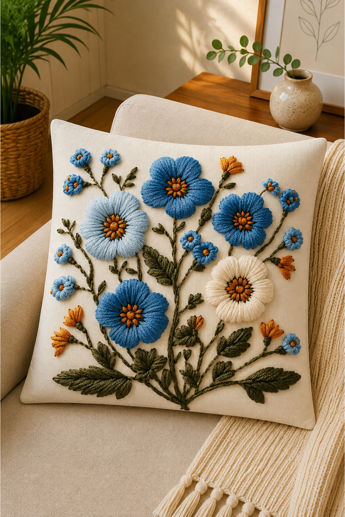 Dijital Baskılı Dekoratif Kırlent Kılıfı 43x43 cm – Modern Desenli Keten Dokulu