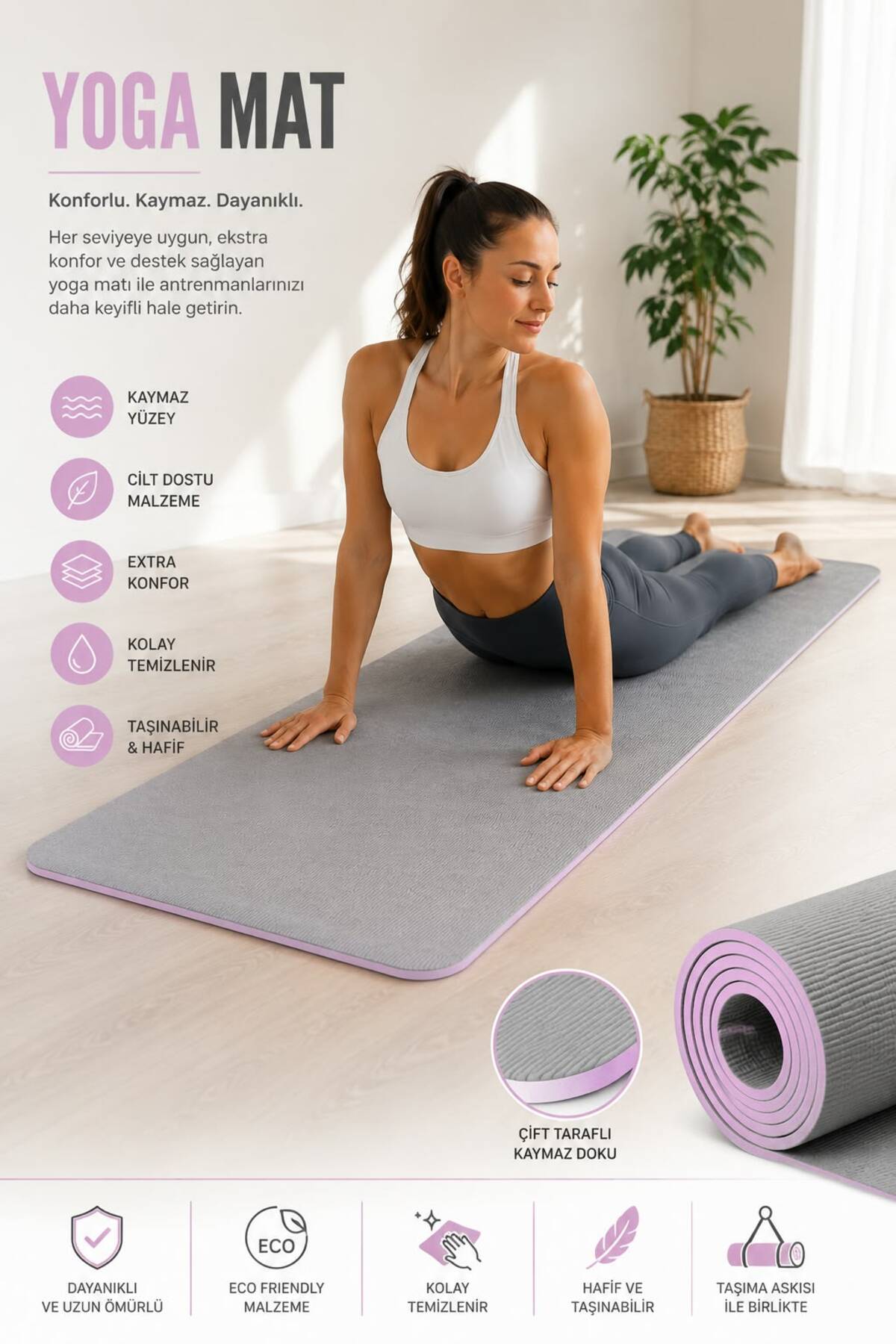 Funwater Çift Taraflı Kaymaz Doku Yoga Matı /Pilates Minderi 185x68x6mm