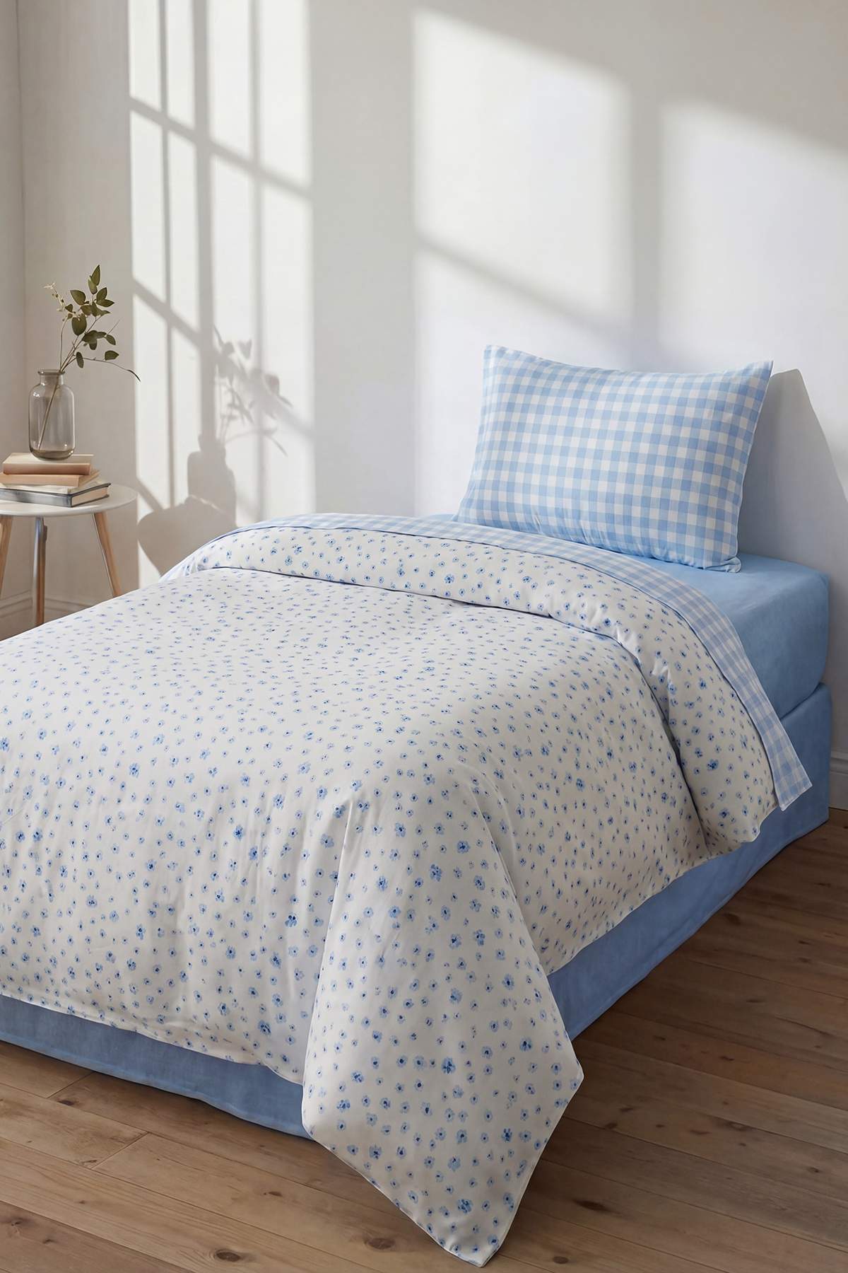 Trendyol Home Single Bed Floral and Gingham Patterned Elastic Sheet Duvet Cover Set Tphss26Tkn00009