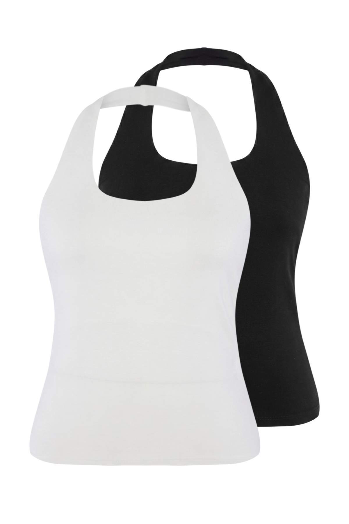 Trendyolmilla Curve Siyah-Ekru 2'li Paket Yumuşak Dökümlü Kumaş Crop Örme Büyük Beden Atlet TBBSS26CV00025