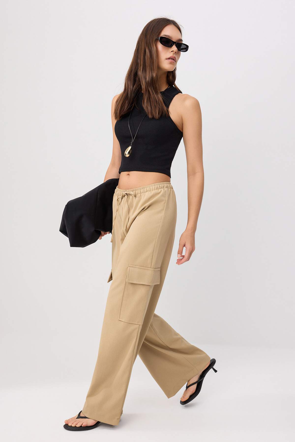 Trendyolmilla Camel Beli Lastikli Wide Leg Kargo %100 Pamuk Pantolon TWOSS26PL00183