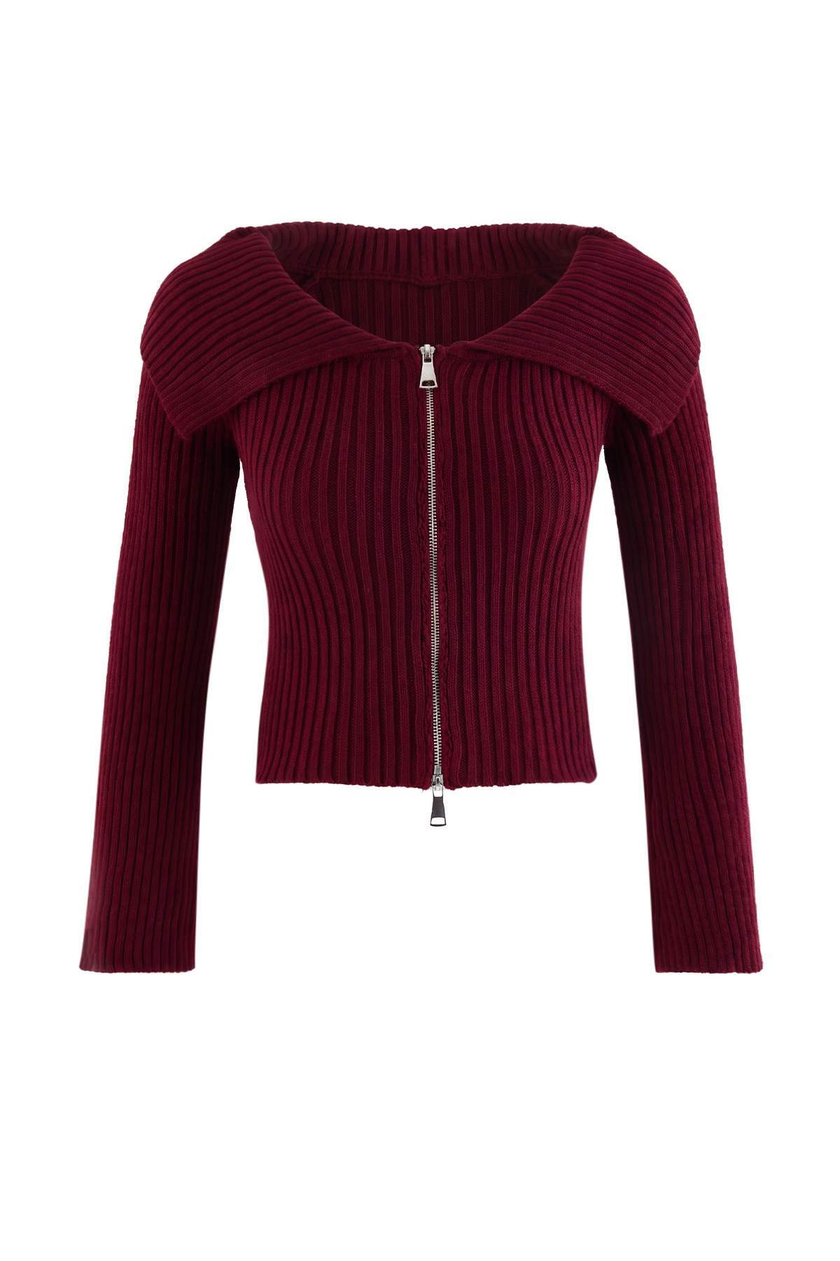 Trendyolmilla Bordo Devrik Yaka Çift Fermuarlı Triko Hırka TWOAW26HI00282