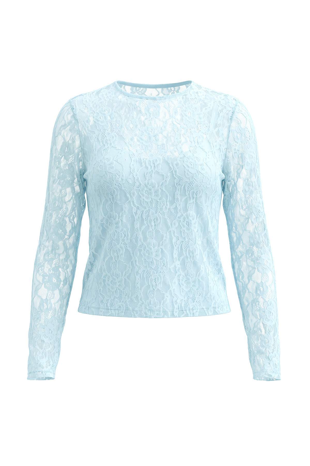Trendyolmilla Açık Mavi Düz Fitted Bisiklet Yaka Standart Kol Uzun Regular Dantel Örme Bluz TWOAW27BZ00117