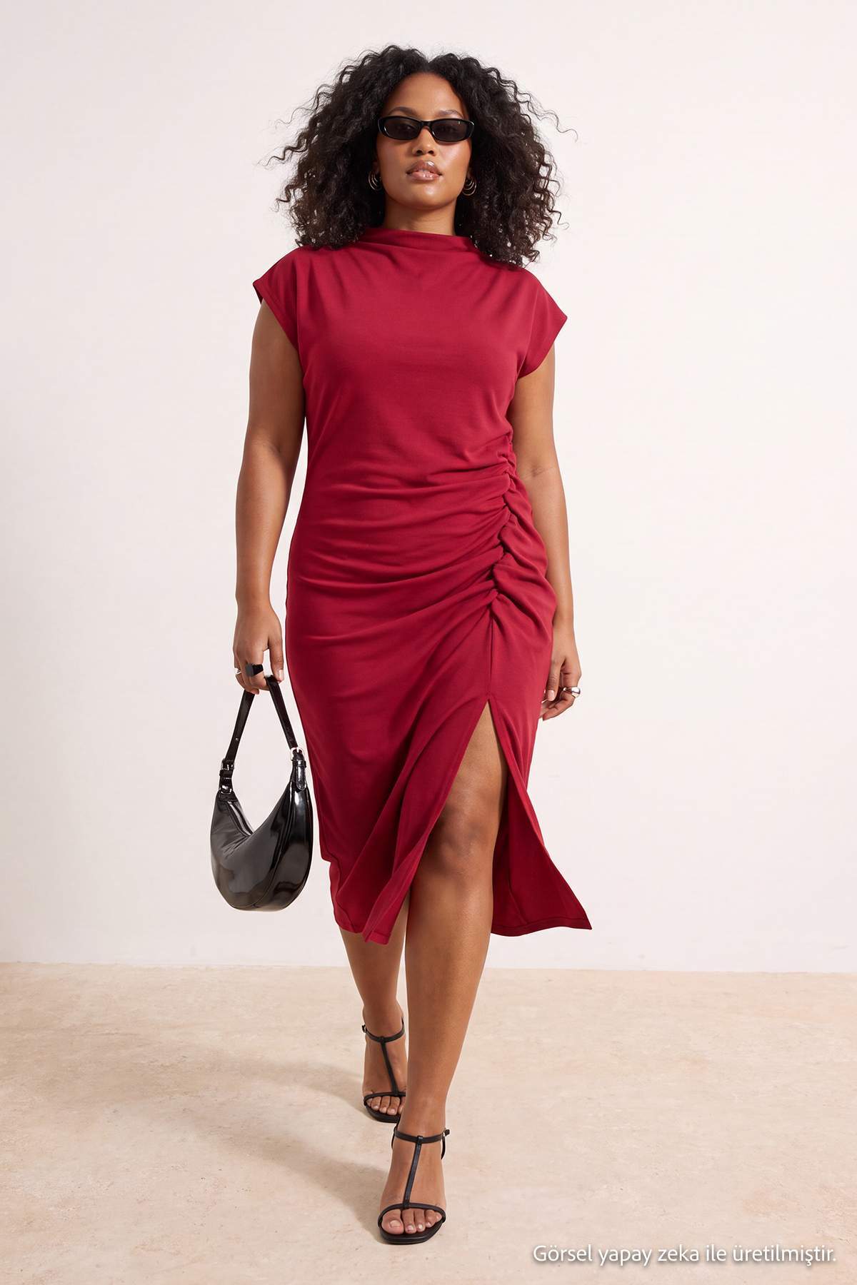 Trendyolmilla Curve Bordo Büzgü Detaylı Midi Örme Elbise TBBSS24AH00080
