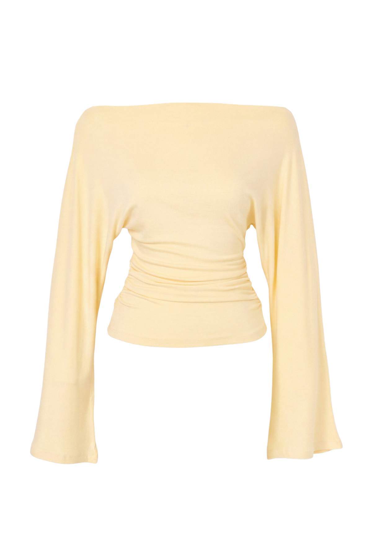 Trendyolmilla Sarı Düz Fitted Kayık Yaka Yarasa Kol Uzun Regular Viskon Ribana Örme Bluz TWOAW27BZ00165