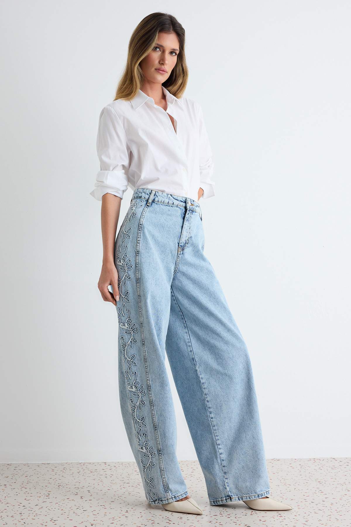 Trendyol Collection Light Blue Embroidery Detailed High Waist Wide Leg Jeans Twoaw27Je00122