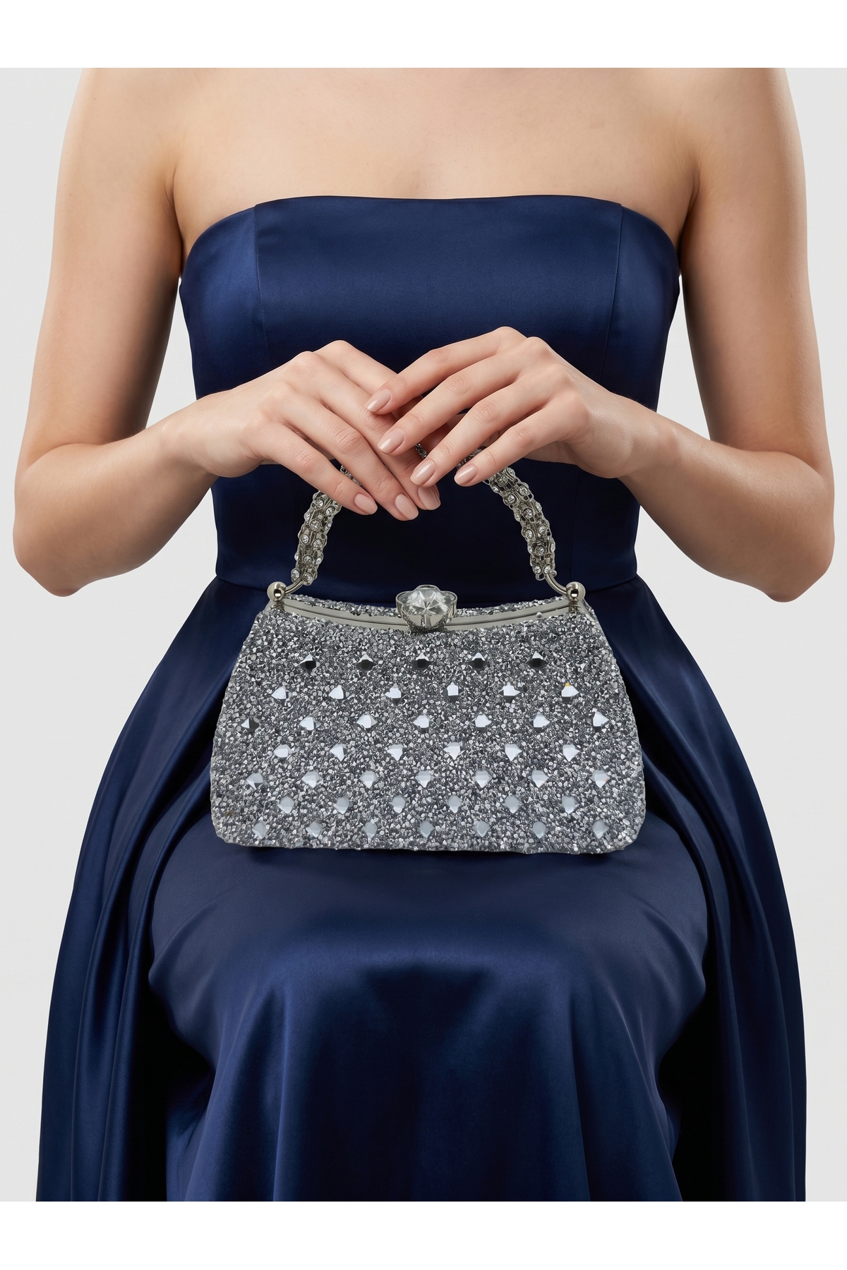 Custom Design Silver Grey Lame Color Women Evening Bags With Handles Complete Gemstone Wedding Engagement Ball