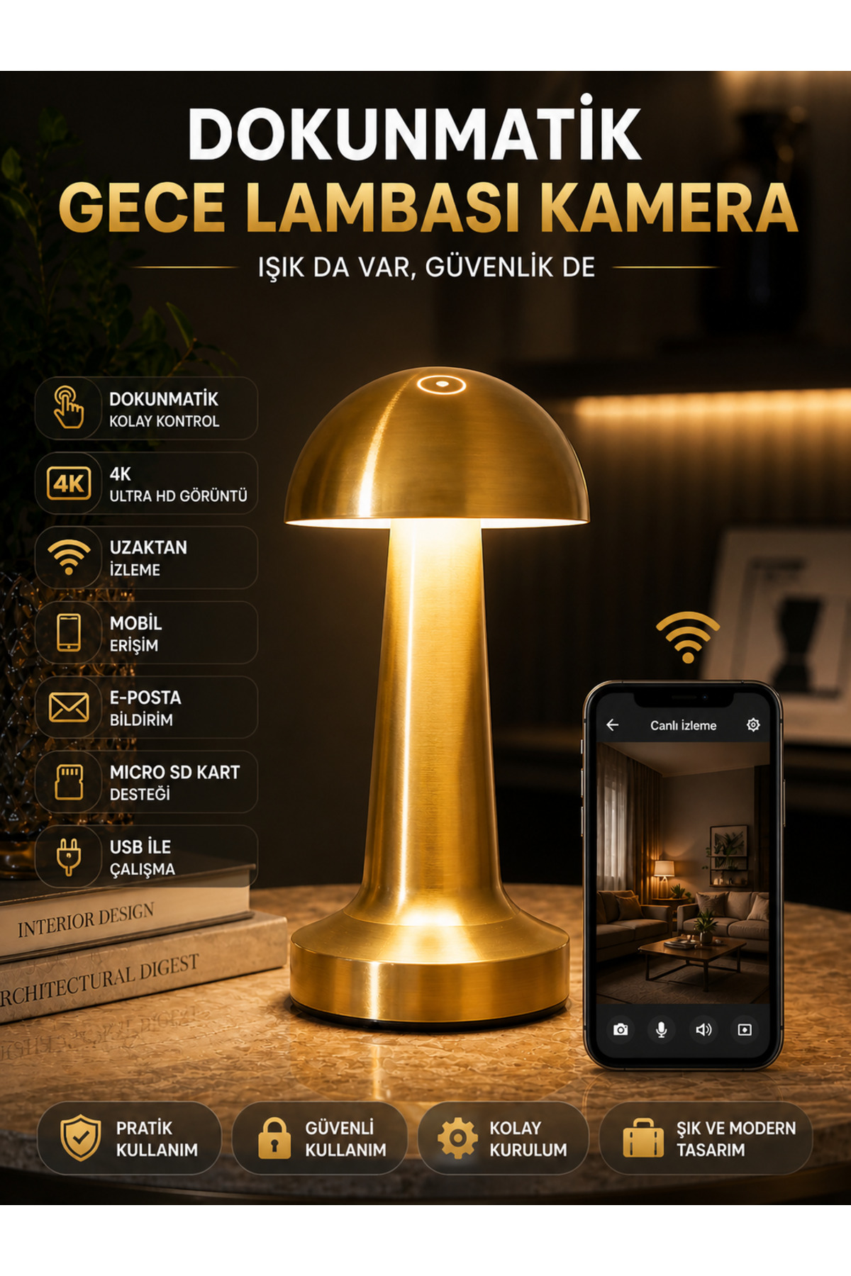 intermax Şarjlı Dokunmatik Mantar Masa Lambası Güvenlik Gizli Kamerası 1080P HD 4K Wİ-Fİ Kamera
