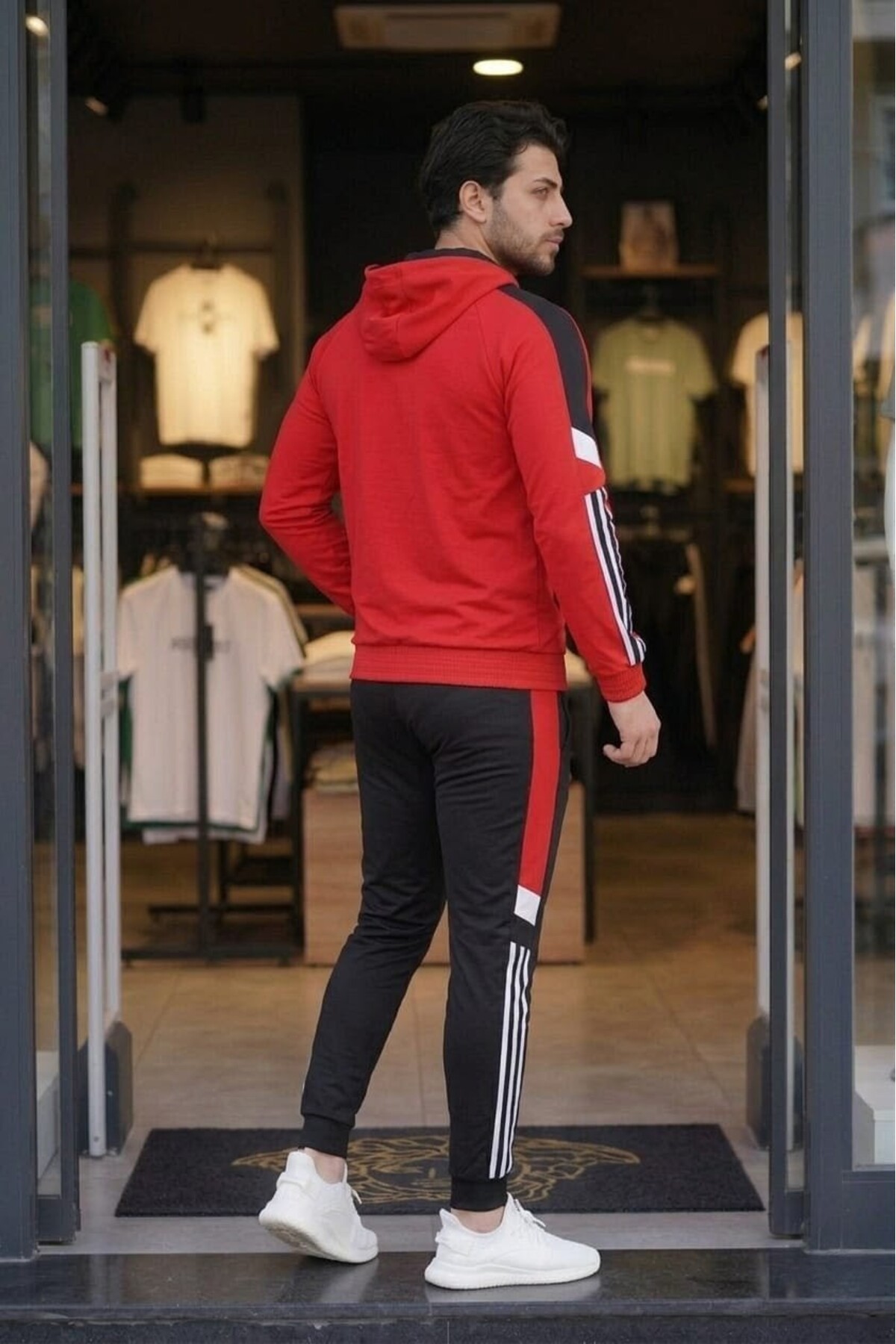 wera Erkek, Kırmızı-Siyah,Dalgıç Kumaş, Şerit Detaylı, Kapüşonlu Slim Fit Eşofman Takımı görsel 4