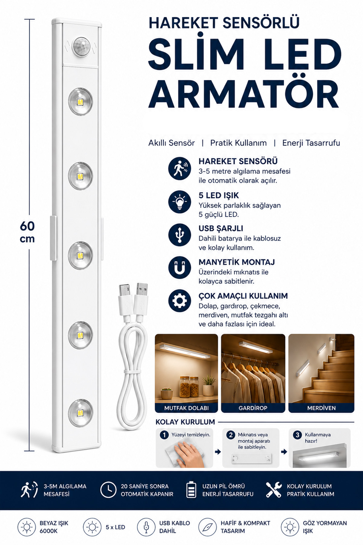 60 Cm White 4w Slim Led Cabinet Fixture Decorative Night Light with Motion Sensor Usb Rechargeable Lighting