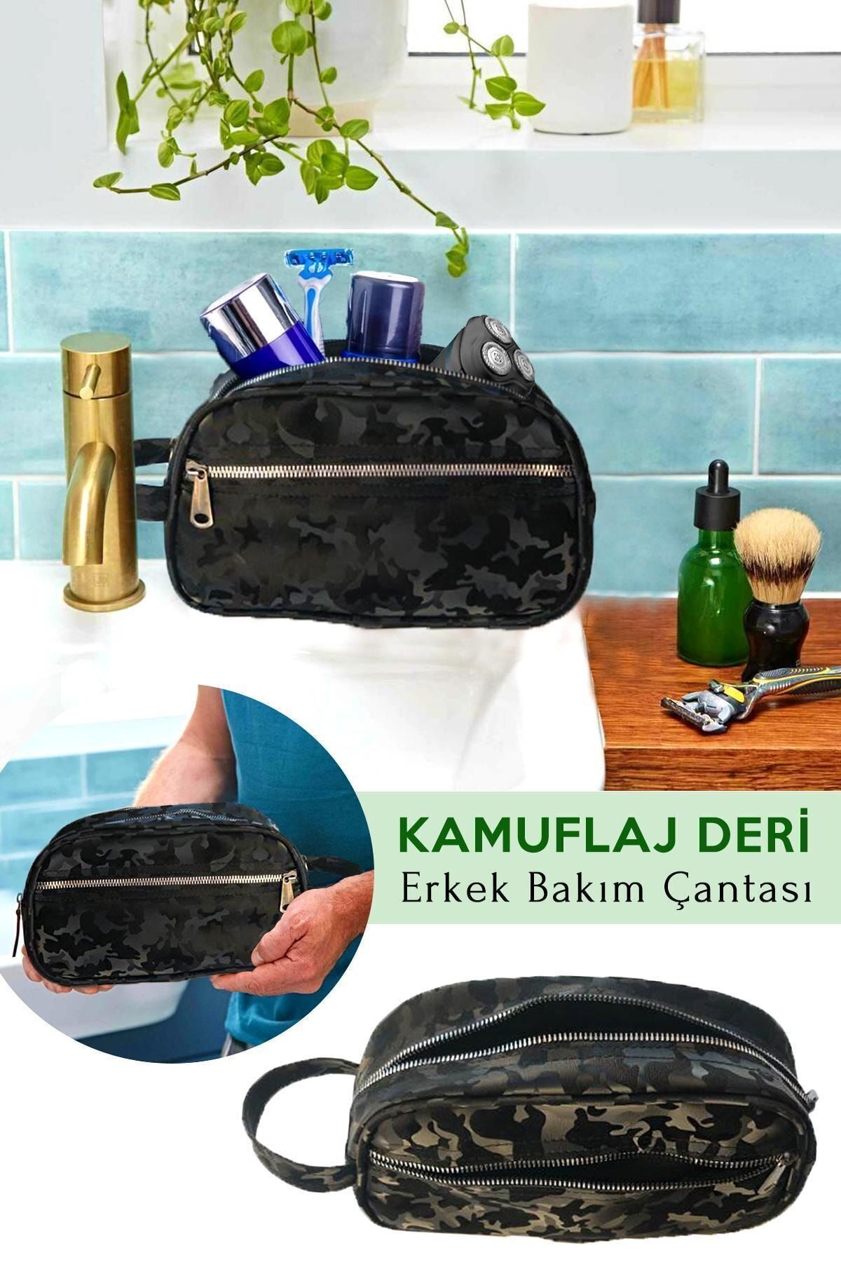 Helen's Home Valiz Içi Kamuflaj Deri Erkek Bakım Çantası Seyahat Traş Çantası Erkek Hediyelik görsel 3