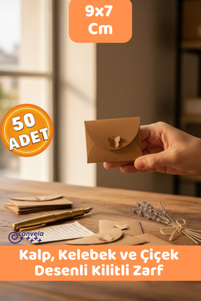CANVELA 50 Adet Kalp Çiçek ve Kelebek Kilitli Mini Kraft Hediye Zarfı ve Kart...