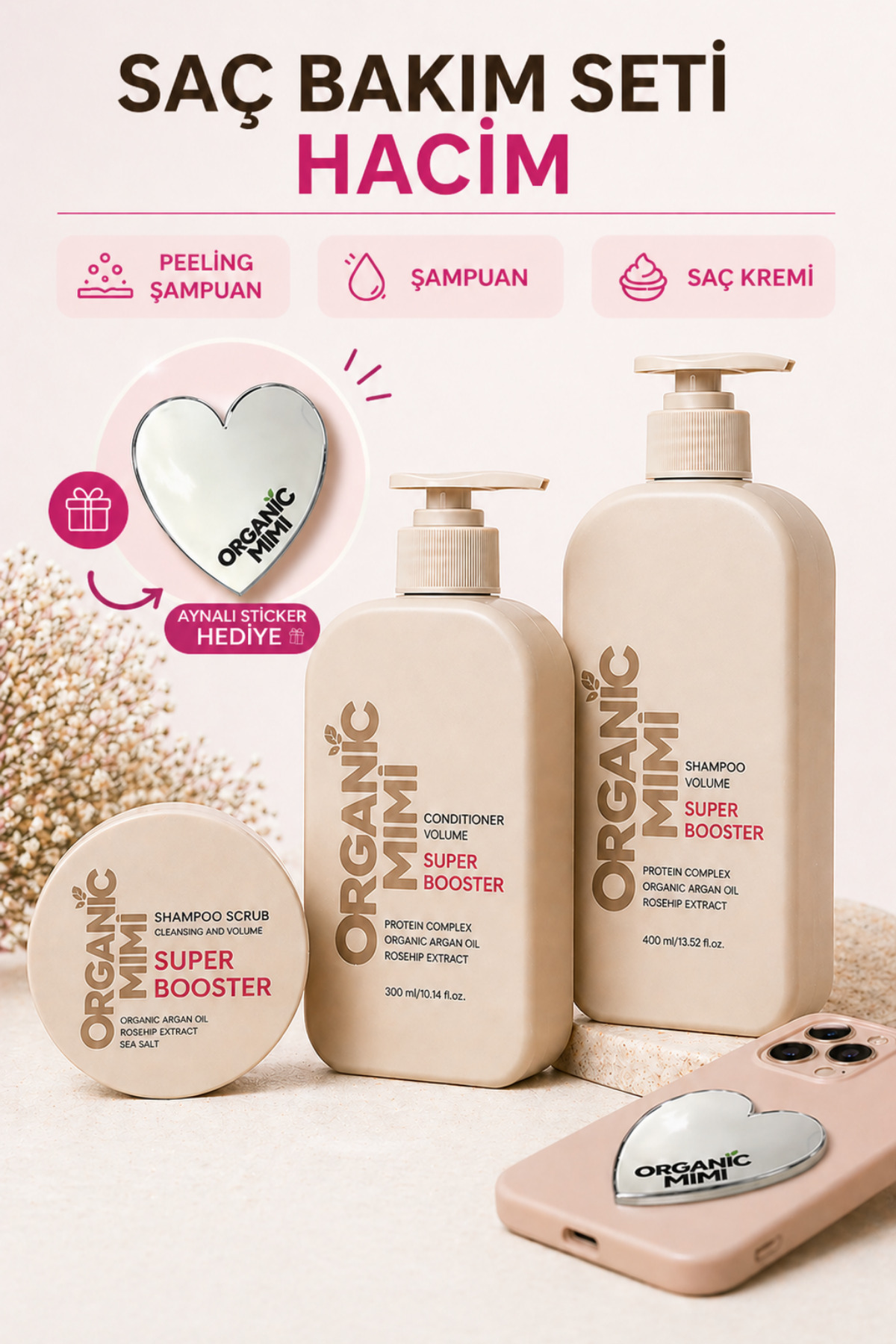 ORGANİC MİMİ İnce Telli Saçlar İçin Saç Bakım Seti: Hacim Verici Şampuan, Saç Kremi ve Peeling Şampuan — 3LÜ-COLOURS-SAÇBAKIMSETİ