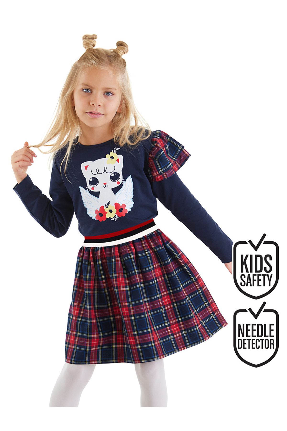 Denokids Kanatlı Kedi Kız Çocuk Lacivert Ekose Elbise