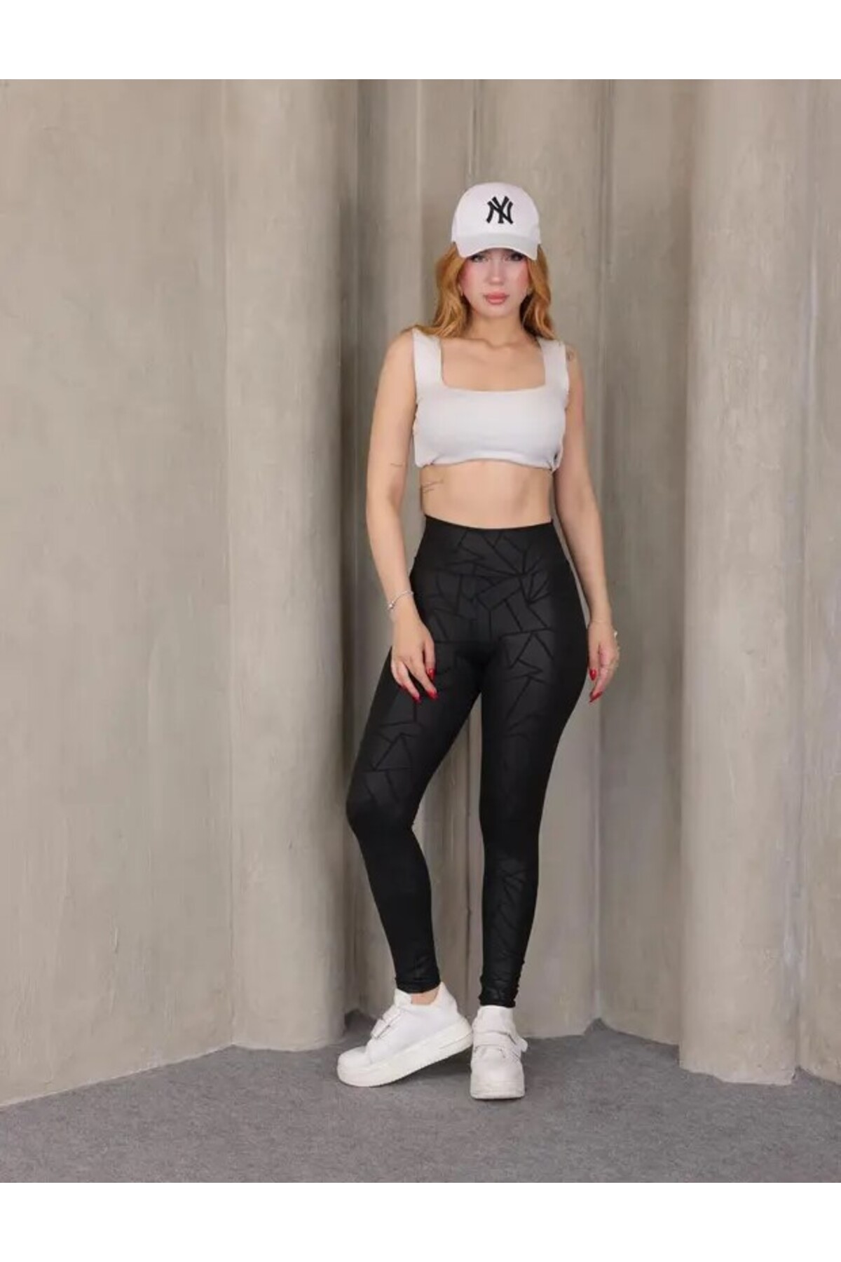 OsmanogluWear Siyah Kadın Geometrik Desenli Dalgıç Kumaş - Yüksel Bel - Toparlayıcı Tayt görsel 6