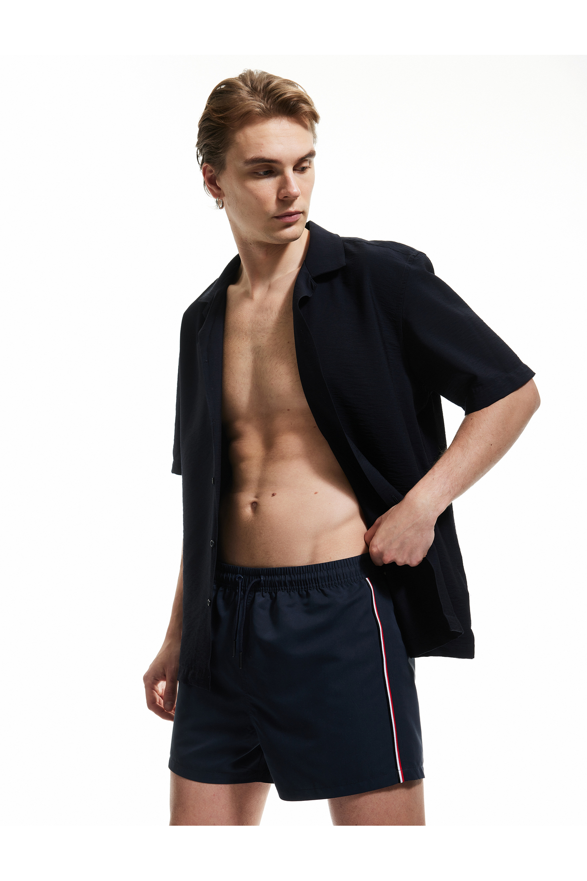 Koton Oversized Swim Shorts with Stripe Detail and Lace-Up Waist