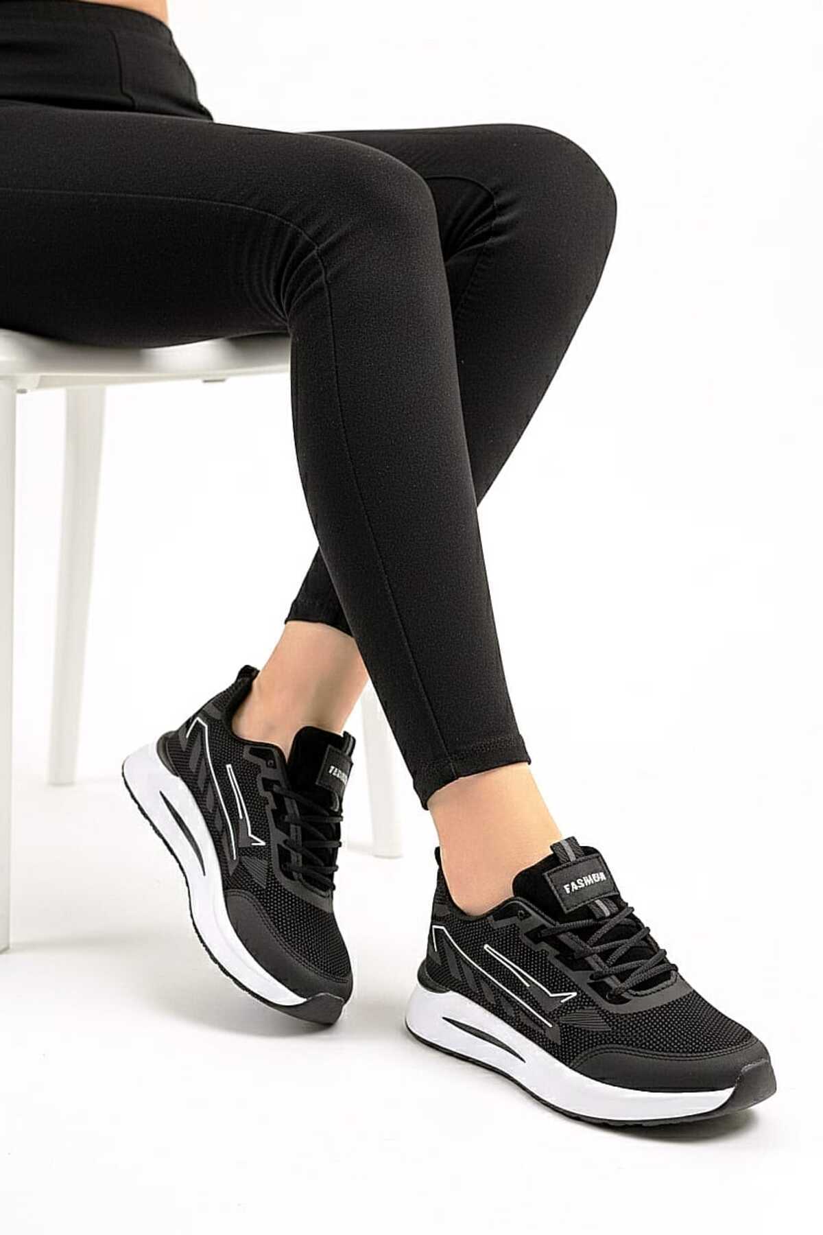 McDark Kadın Siyah Beyaz Trenj Bağcıklı Ortopedi Sneaker Ayakkabı