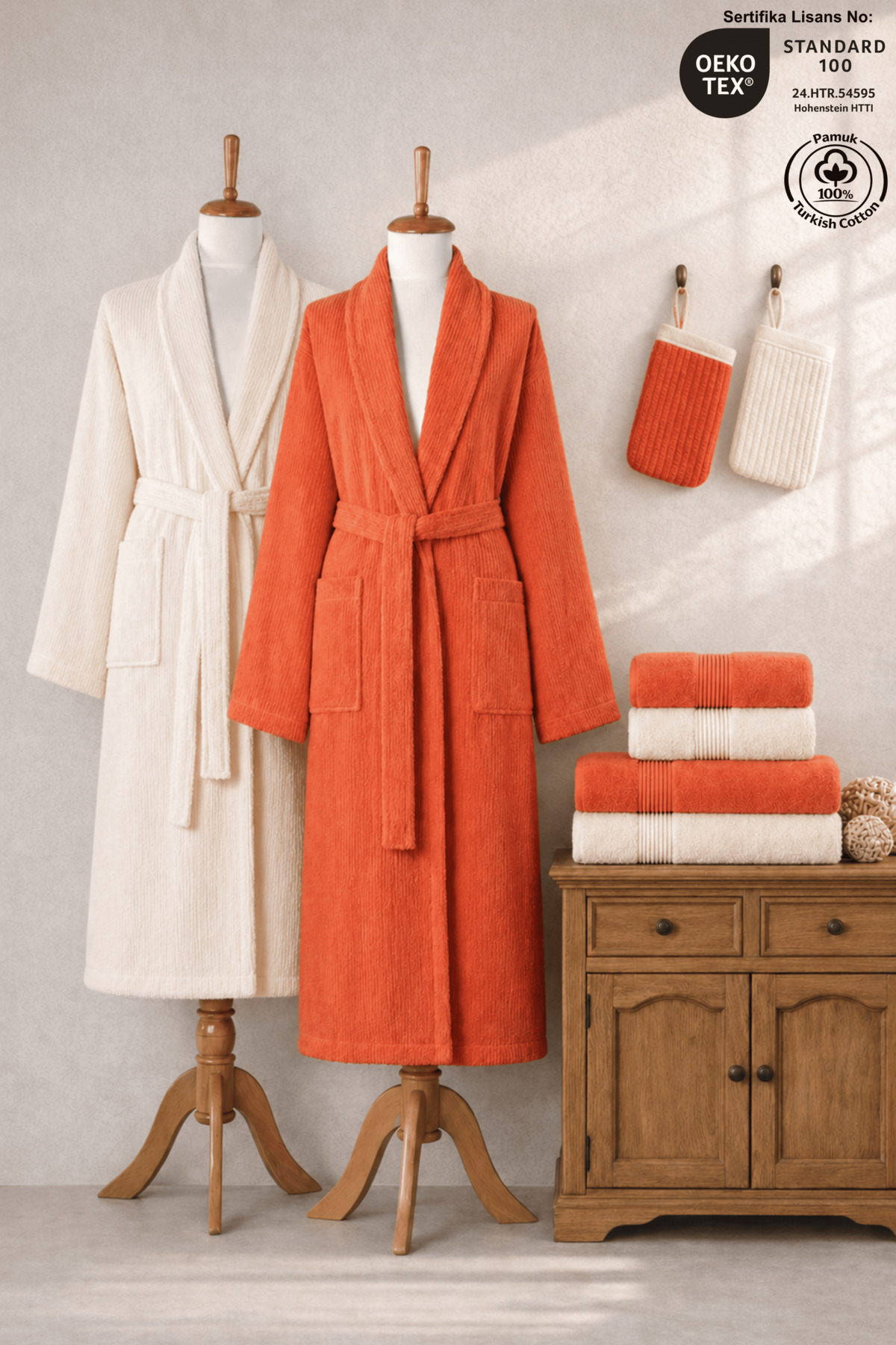 8 Piece Pouch Striped Bathrobe Family Set 100% Cotton Certified Bathrobe Set Dowry Set Orange Cream