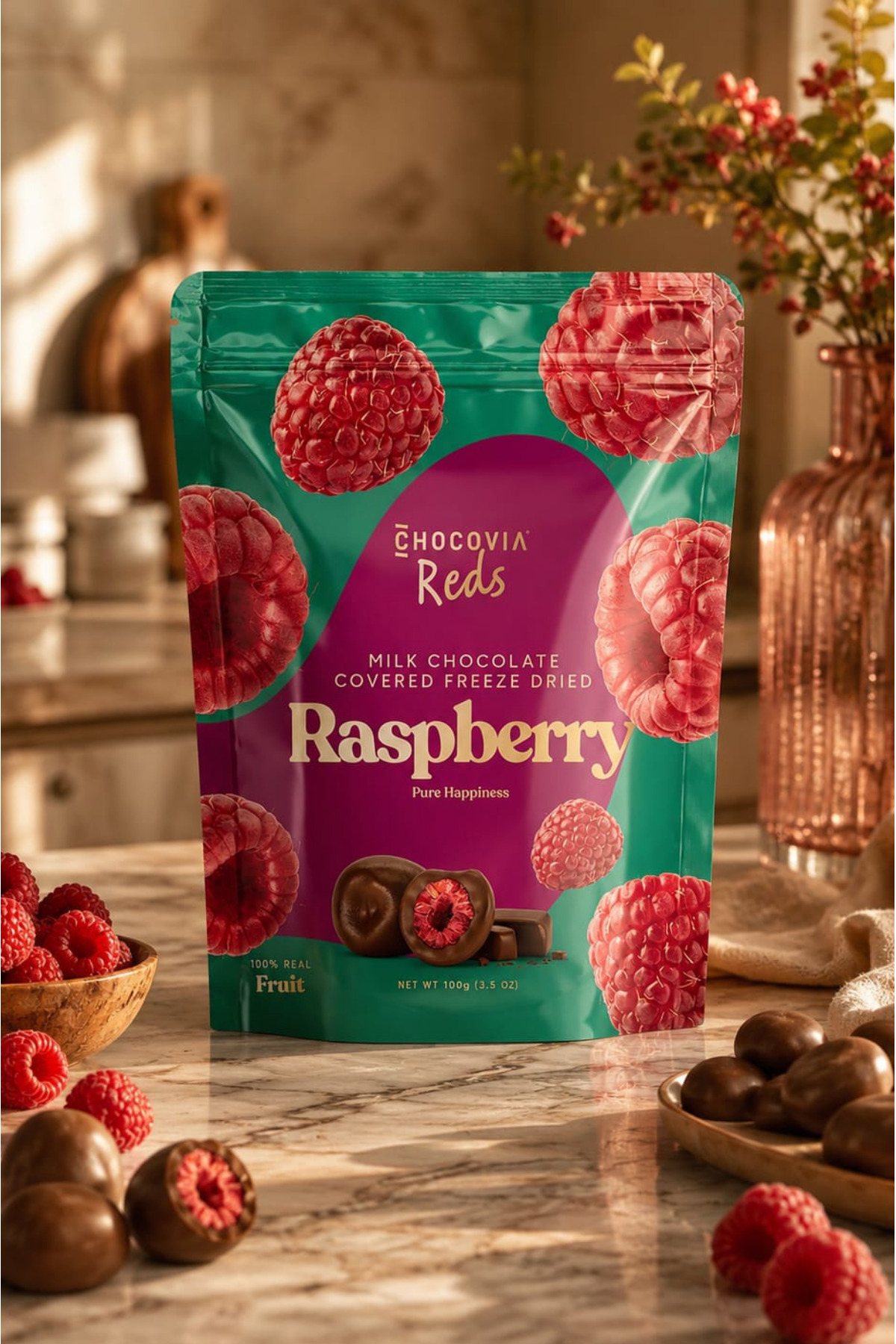 CHOCOVIA Sütlü Çikolata Kaplı Ahududu 100 gr (Kurutulmuş meyve