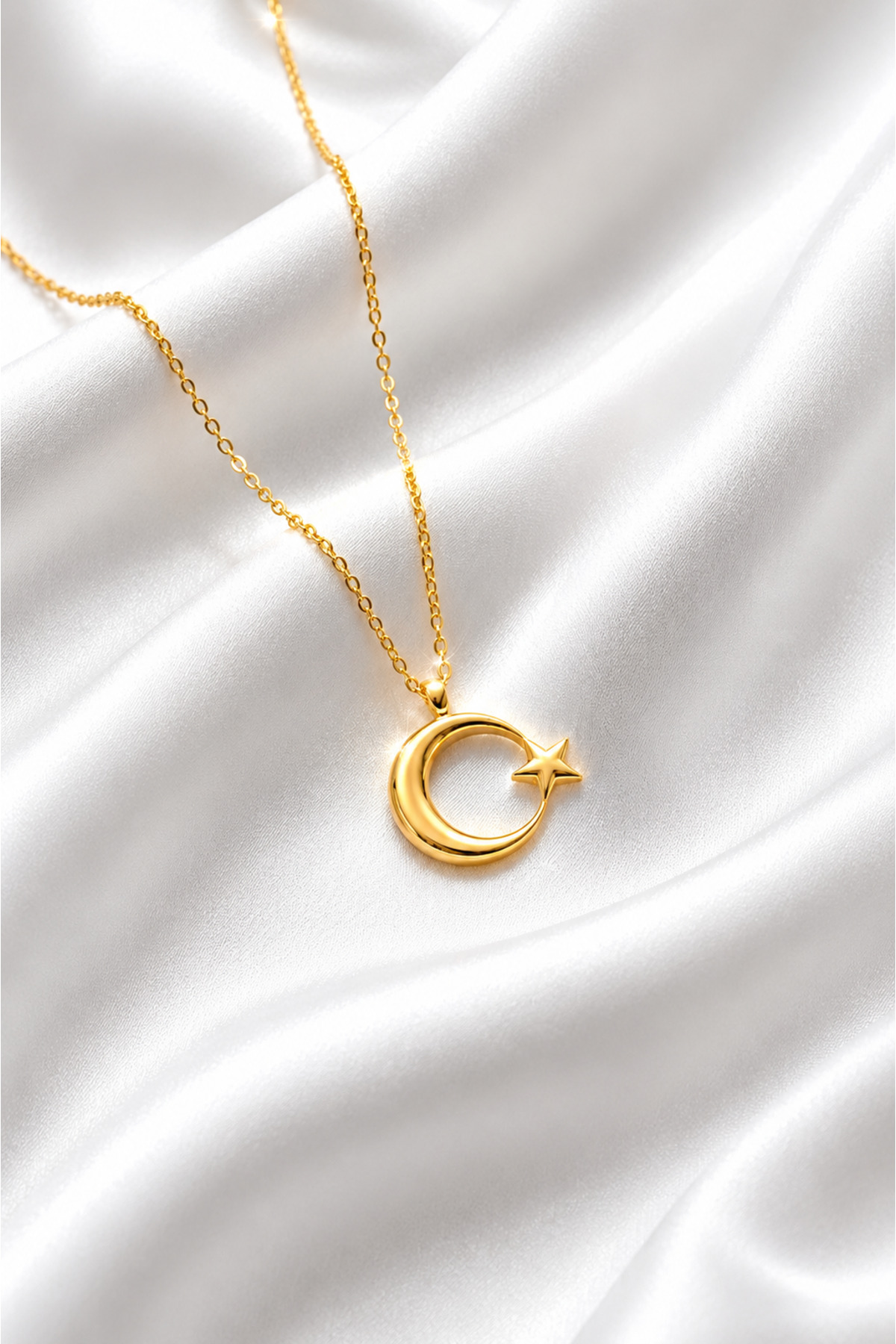 ÇEKİRDEK JEWELRY Işıklı Hediye Kutulu 925 Ayar Gümüş Ay Yıldız Kolye, Gold Kaplama Parlak Şık Tasarım görsel 5