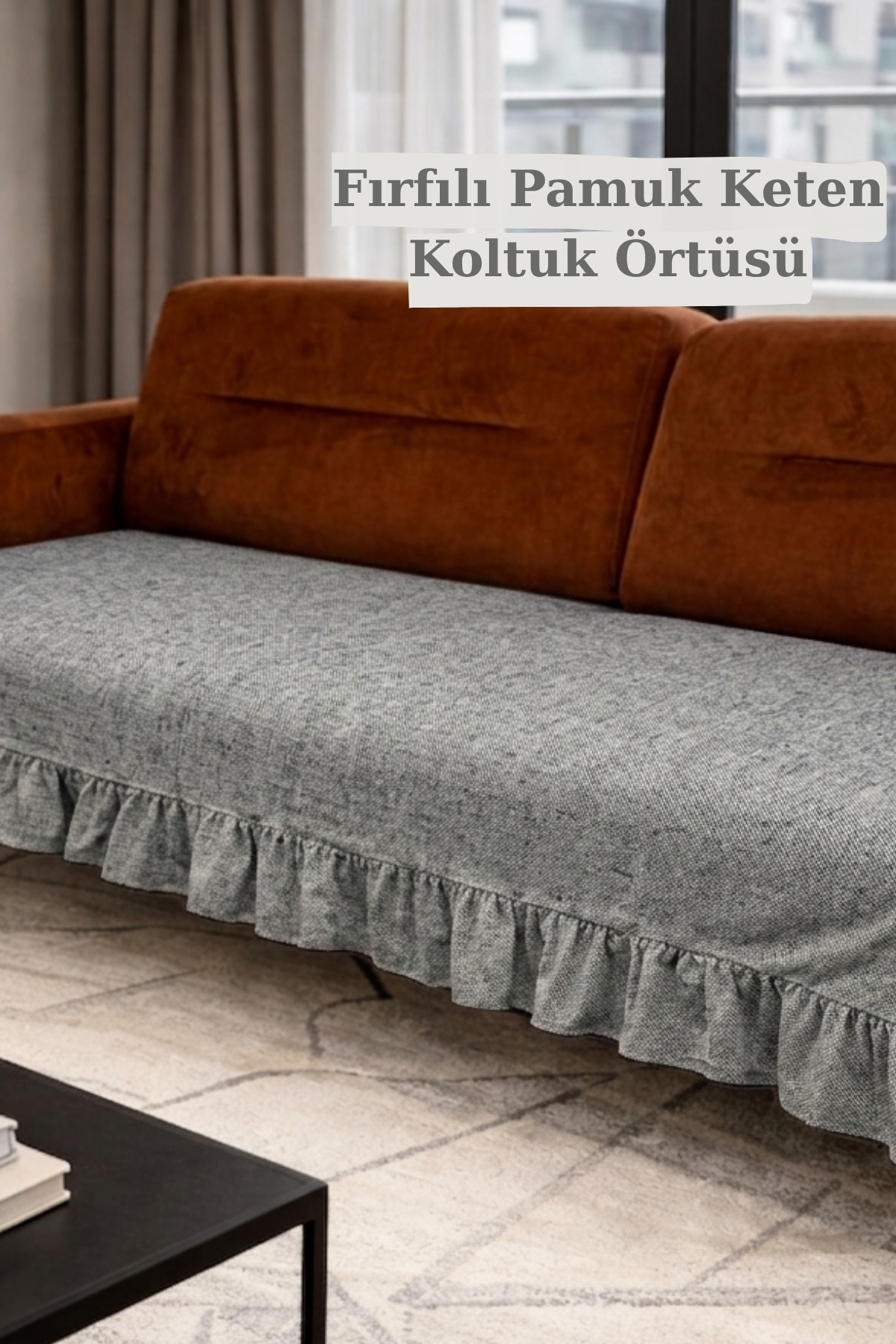 Ruffle Seat Cover Bohemian Cotton Linen | Anti-Slip, Washable, Modern Stylish Design Anthracite