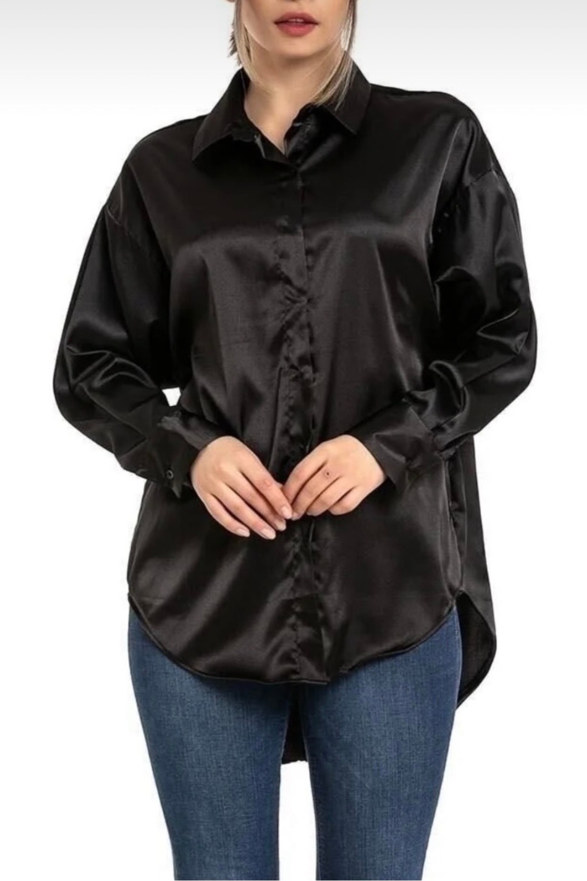 Chemise coupe loose en satin noir - EMMAS CLOTHING - Görsel 9