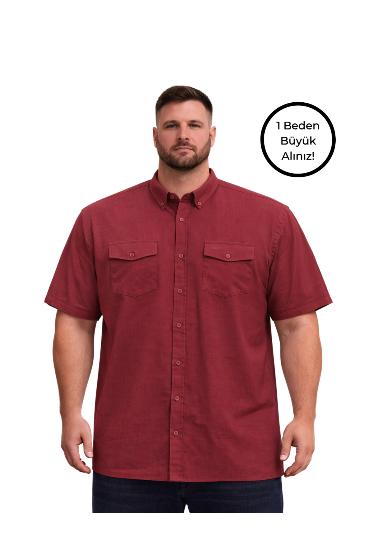 BattalModa Erkek Büyük Beden Bordo Çift Cepli Kısa Kollu Gömlek 3XL-4XL-5XL-6XL-7XL-8XL