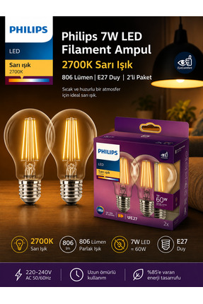 Aryes Filament LED Ampul 7W 2700K Sarı Işık 806 Lümen E27 2’li