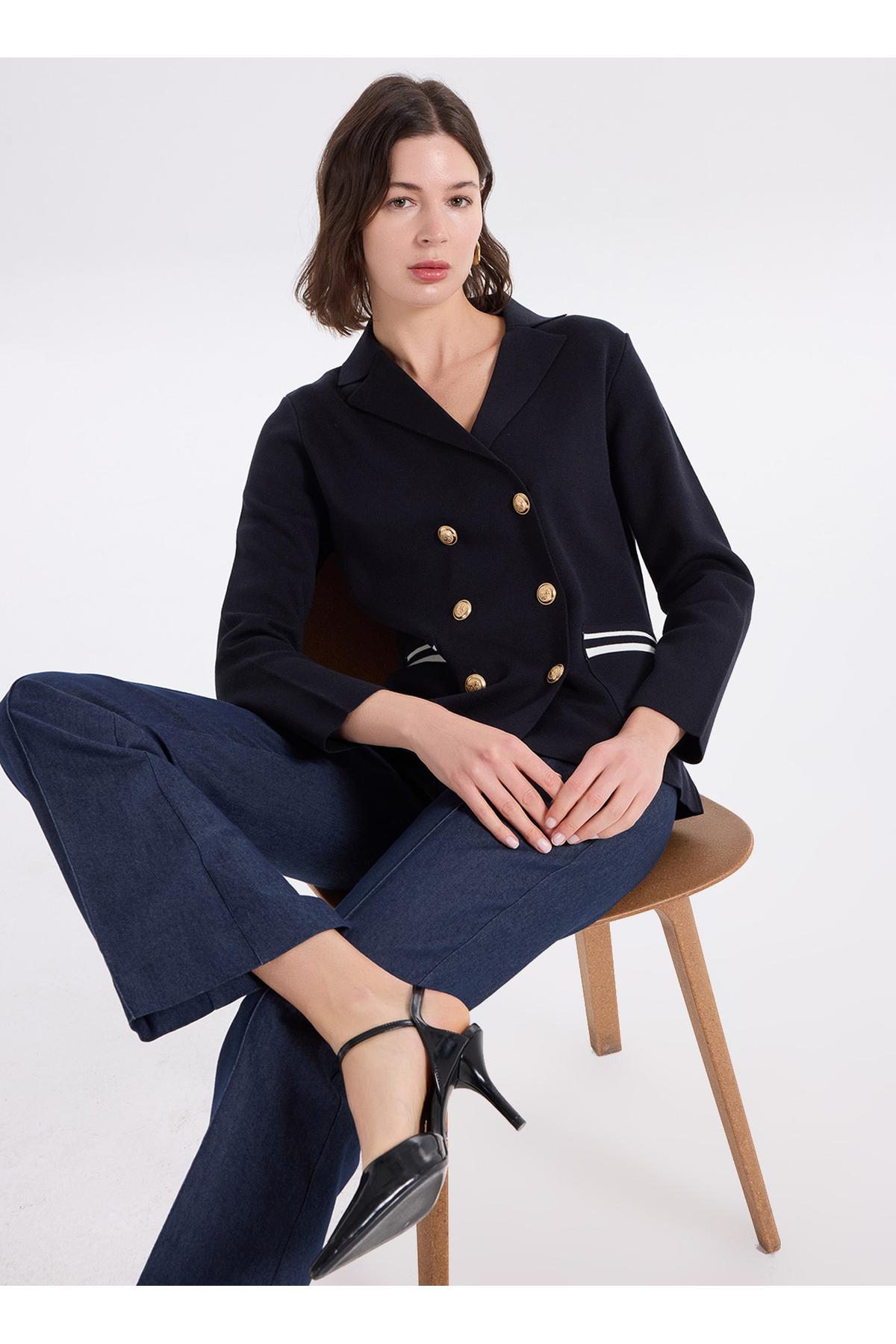Fabrika Lacivert Kadın Polo Loose Fit Triko Ceket F6SL-CKT0122