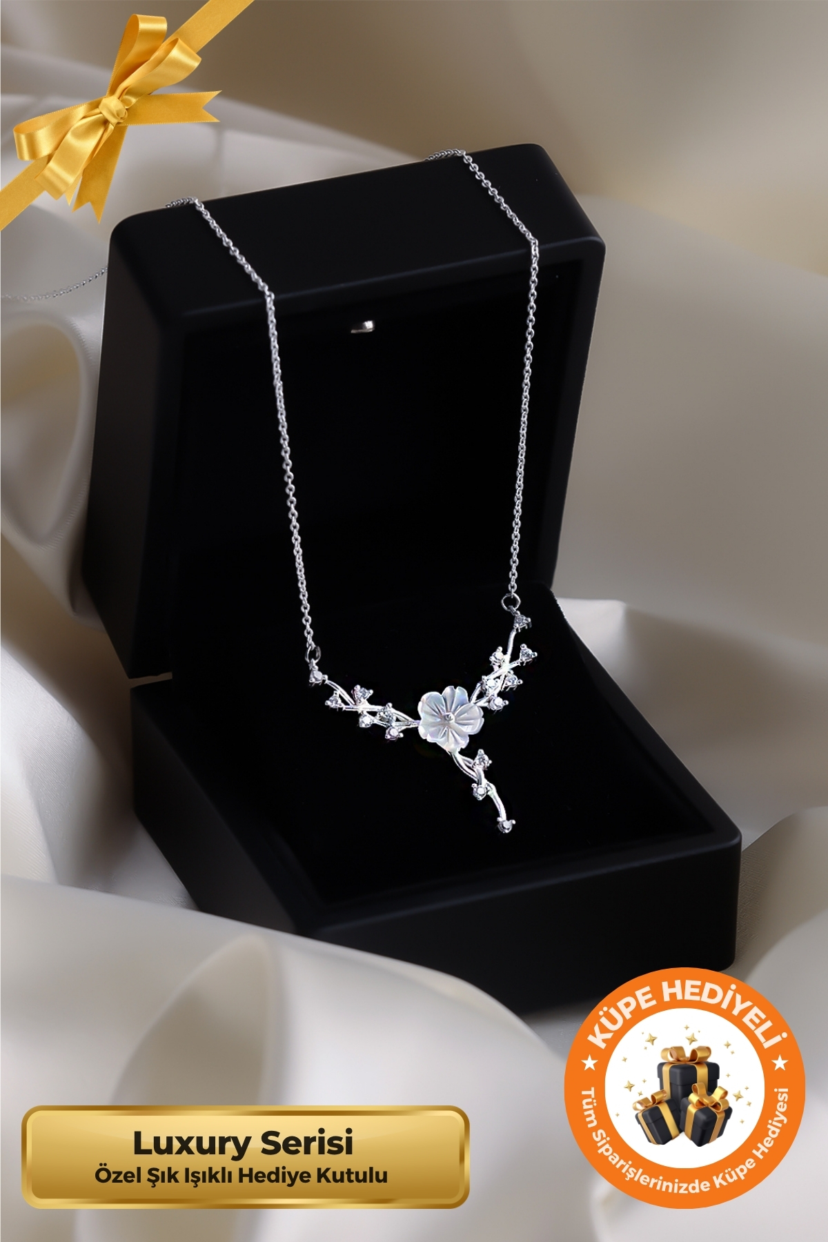 Lucente Jewellery Işıklı Hediye Kutulu Aşk Şans Bolluk Bereket ve Zarafetin Simgesi Luxury Serisi 925 Ayar Manolya Çiçeği Sarmaşık Gümüş Özel Gün Hediyesi Manolya Çiçekli 45 Cm Zincirli Küpe Hediyeli Şık Kadın Kolye
