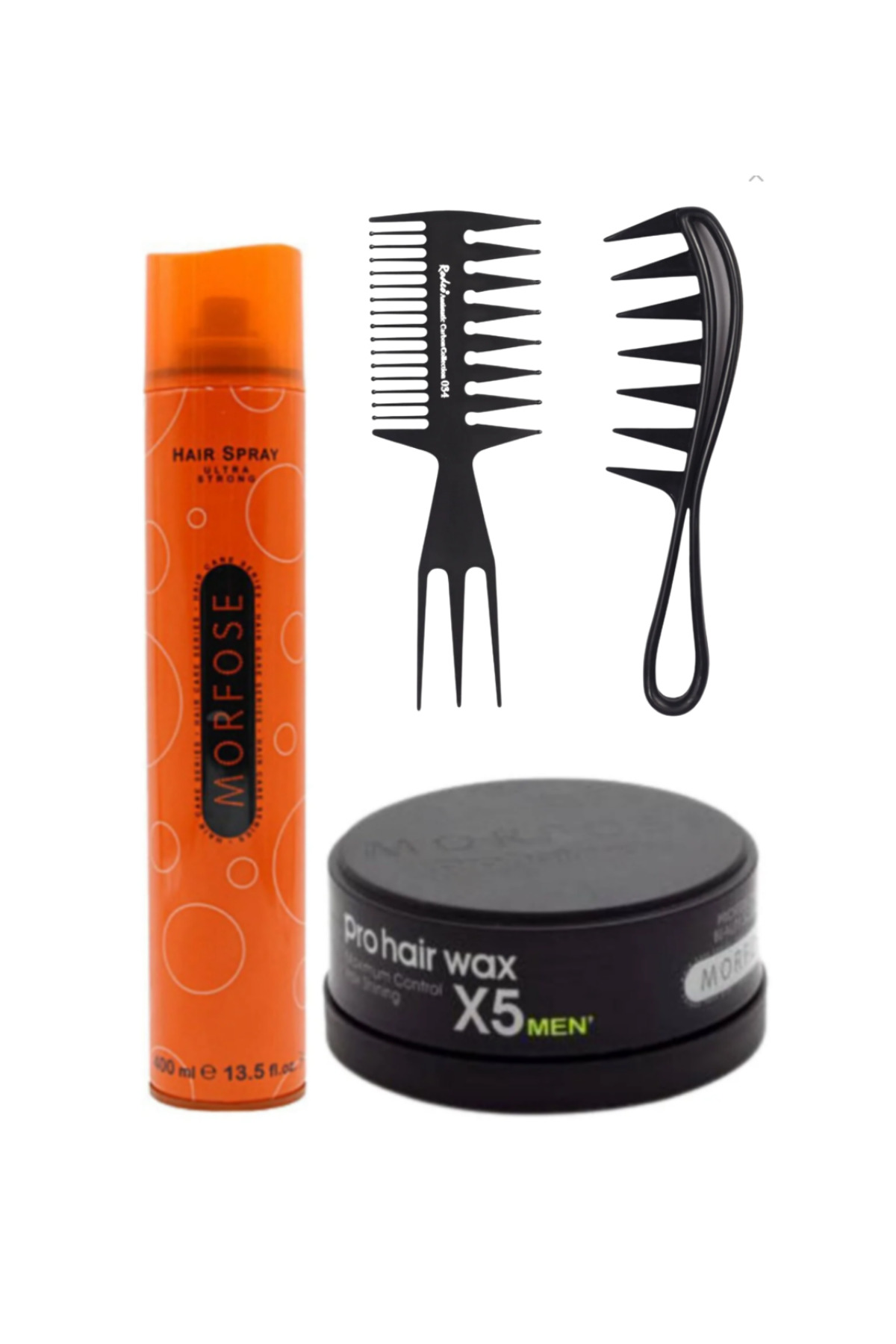 Morfose Saç Spreyi Turuncu 400ml + Morfoze Pro Hair Wax X5 Men Maximum Cont. 150ml + Tarak Set — 789y