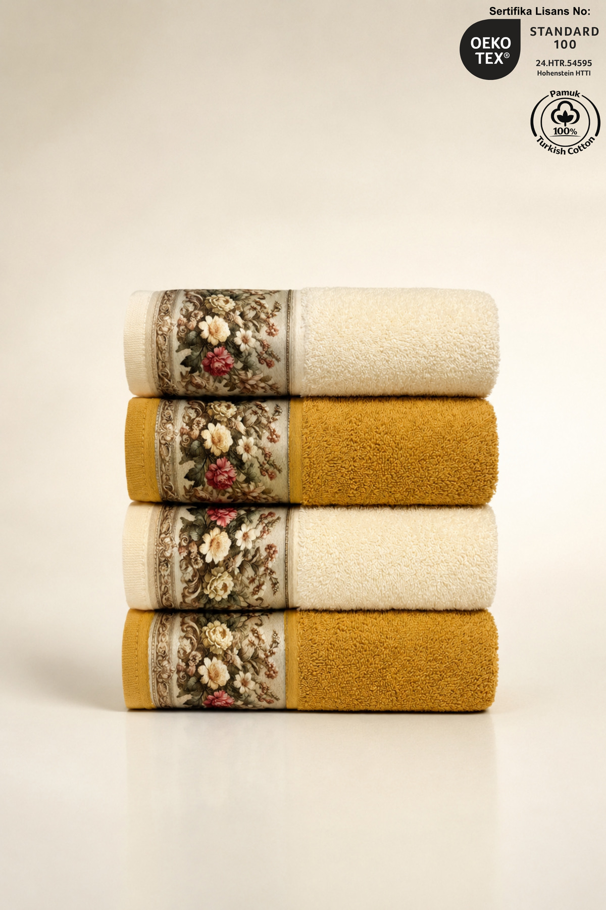 Fiore 4-Piece Towel Set 100% Cotton Certified, Flower Patterned Hand / Face / Kitchen Towel 50x90cm